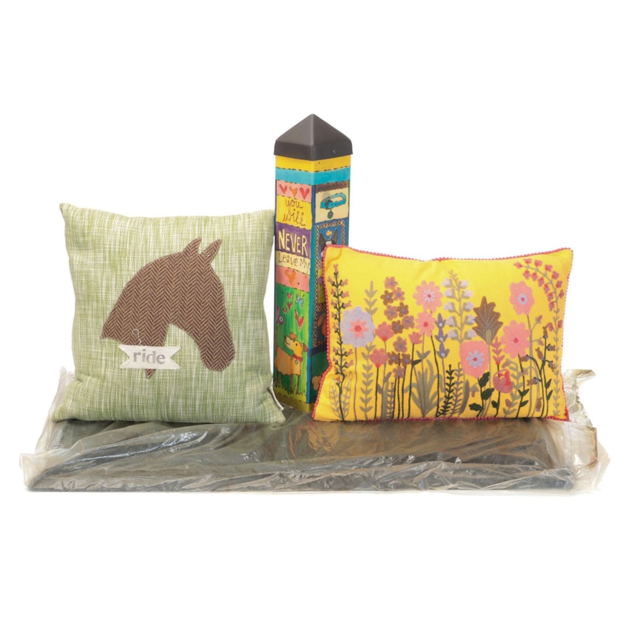 4 Sisters Applique and Other Crewel Accent Pillows With Art Poles Garden Décor
