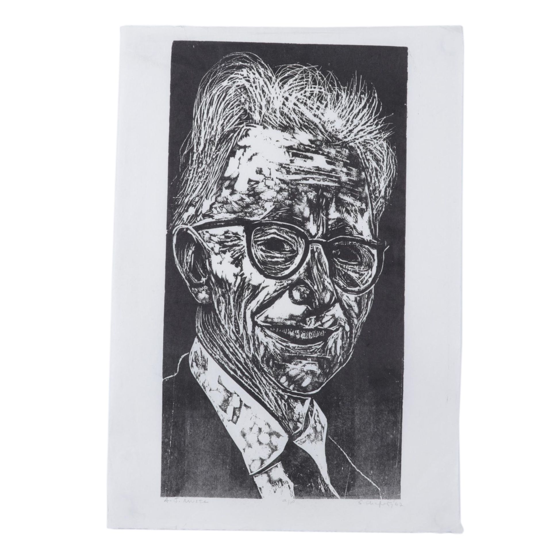 Sidney Chafetz Woodcut "A. J. Muste," 1967