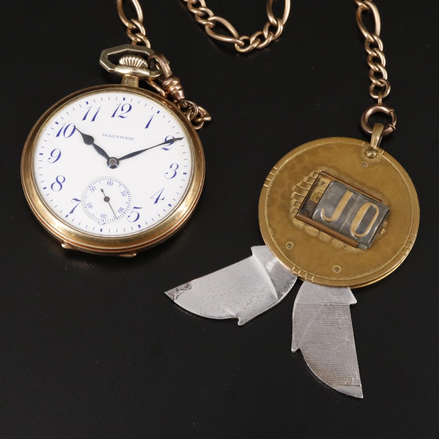 Waltham Pocket Watch with Figaro Chain and Pocket Knife Fob