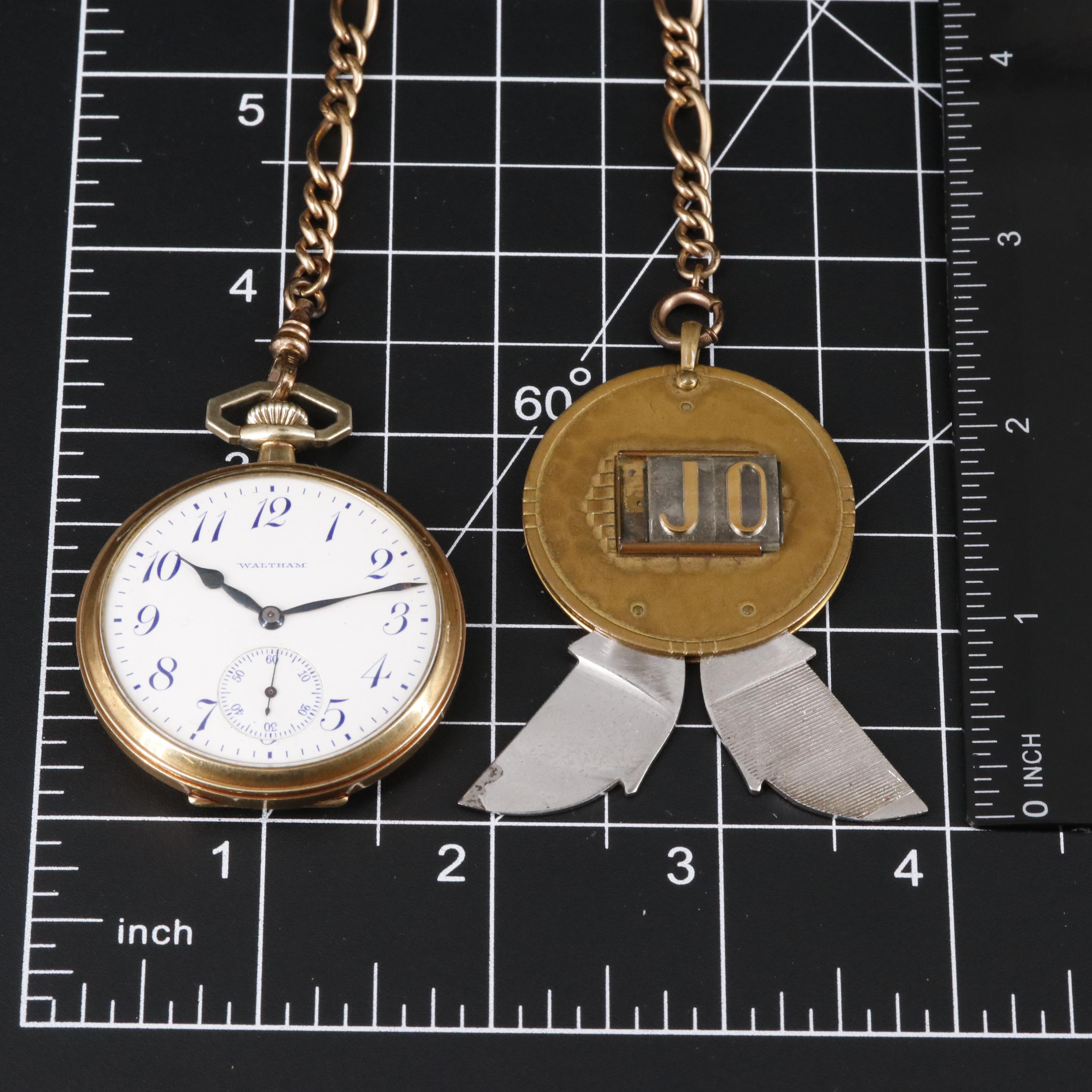 Waltham Pocket Watch with Figaro Chain and Pocket Knife Fob