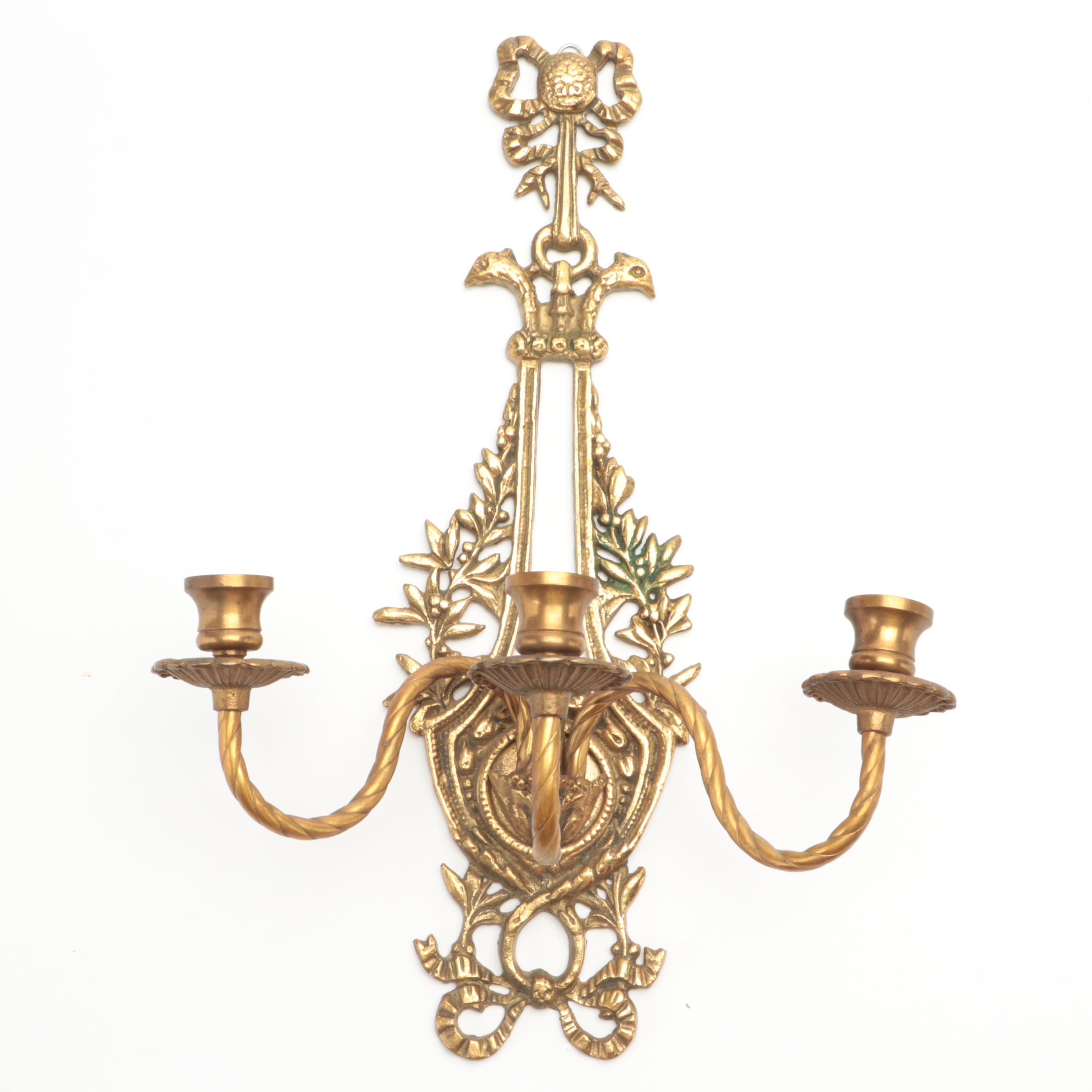 Pair of French Empire Style Brass Three Candle Wall Sconces