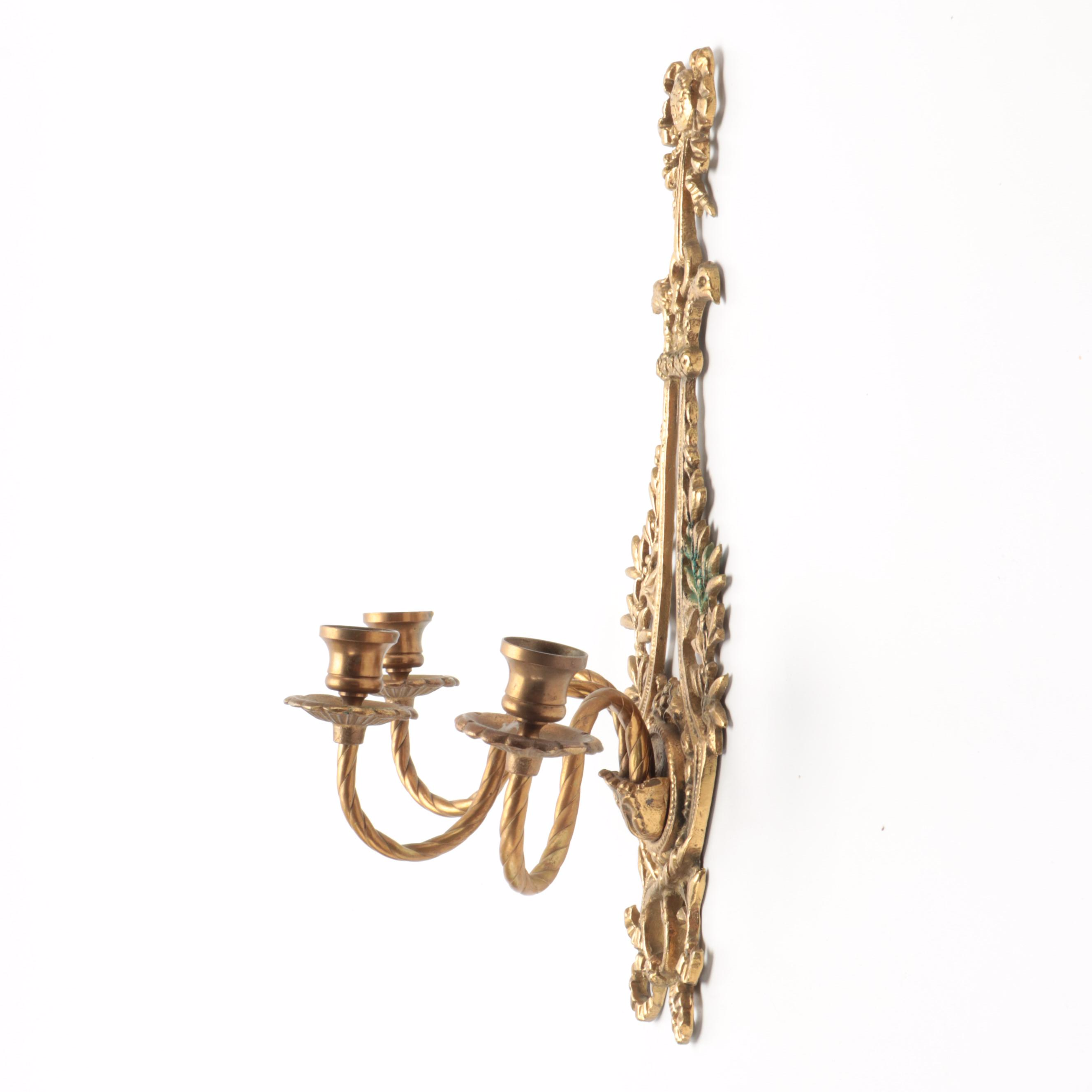 Pair of French Empire Style Brass Three Candle Wall Sconces