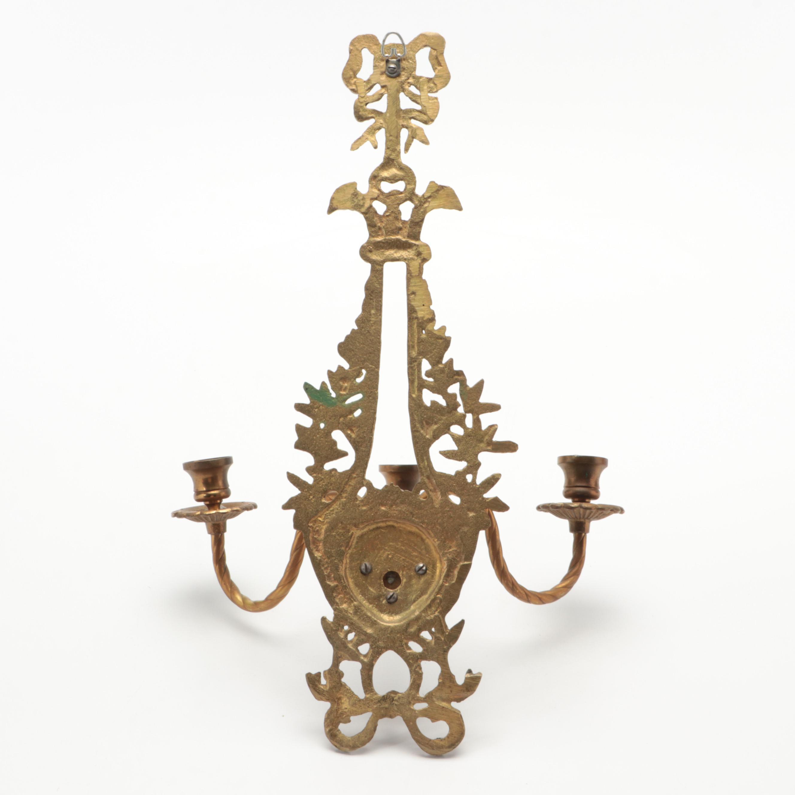 Pair of French Empire Style Brass Three Candle Wall Sconces