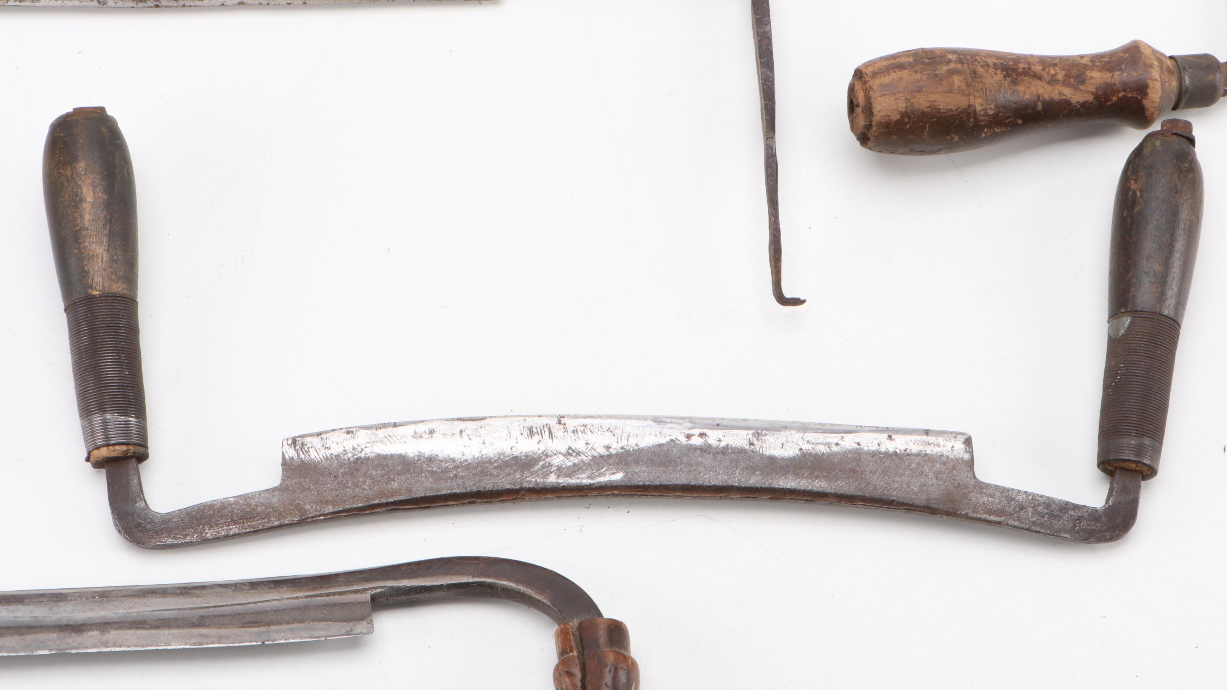 Wood Handled Wrought Iron Woodworking Draw Knives, Antique