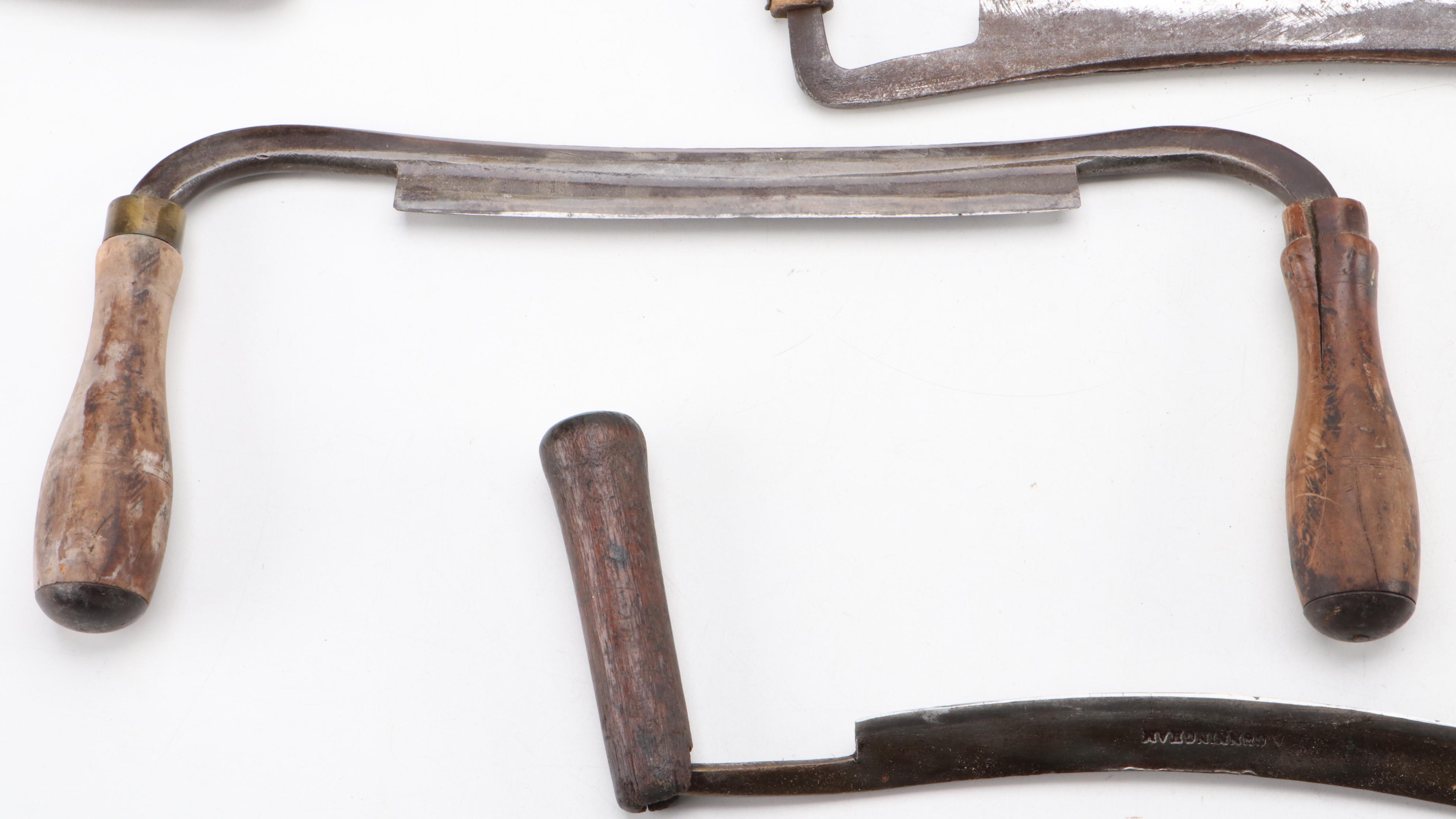 Wood Handled Wrought Iron Woodworking Draw Knives, Antique