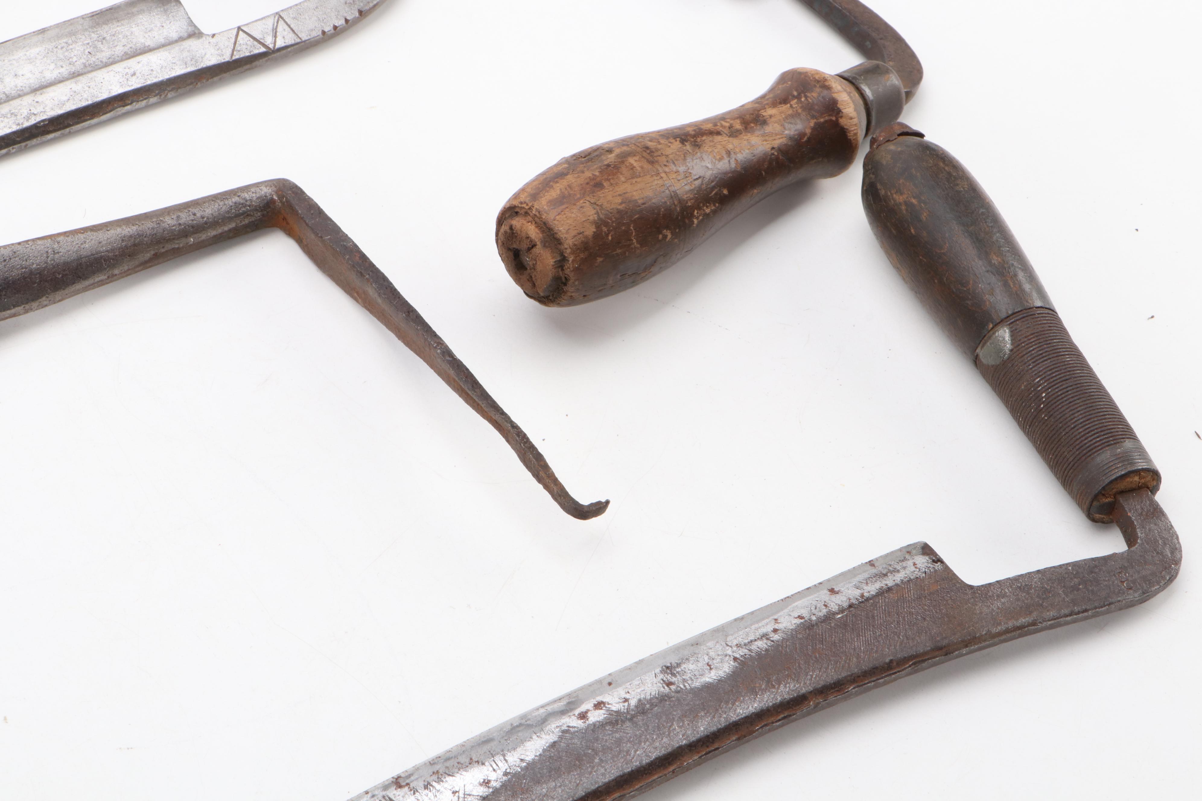 Wood Handled Wrought Iron Woodworking Draw Knives, Antique