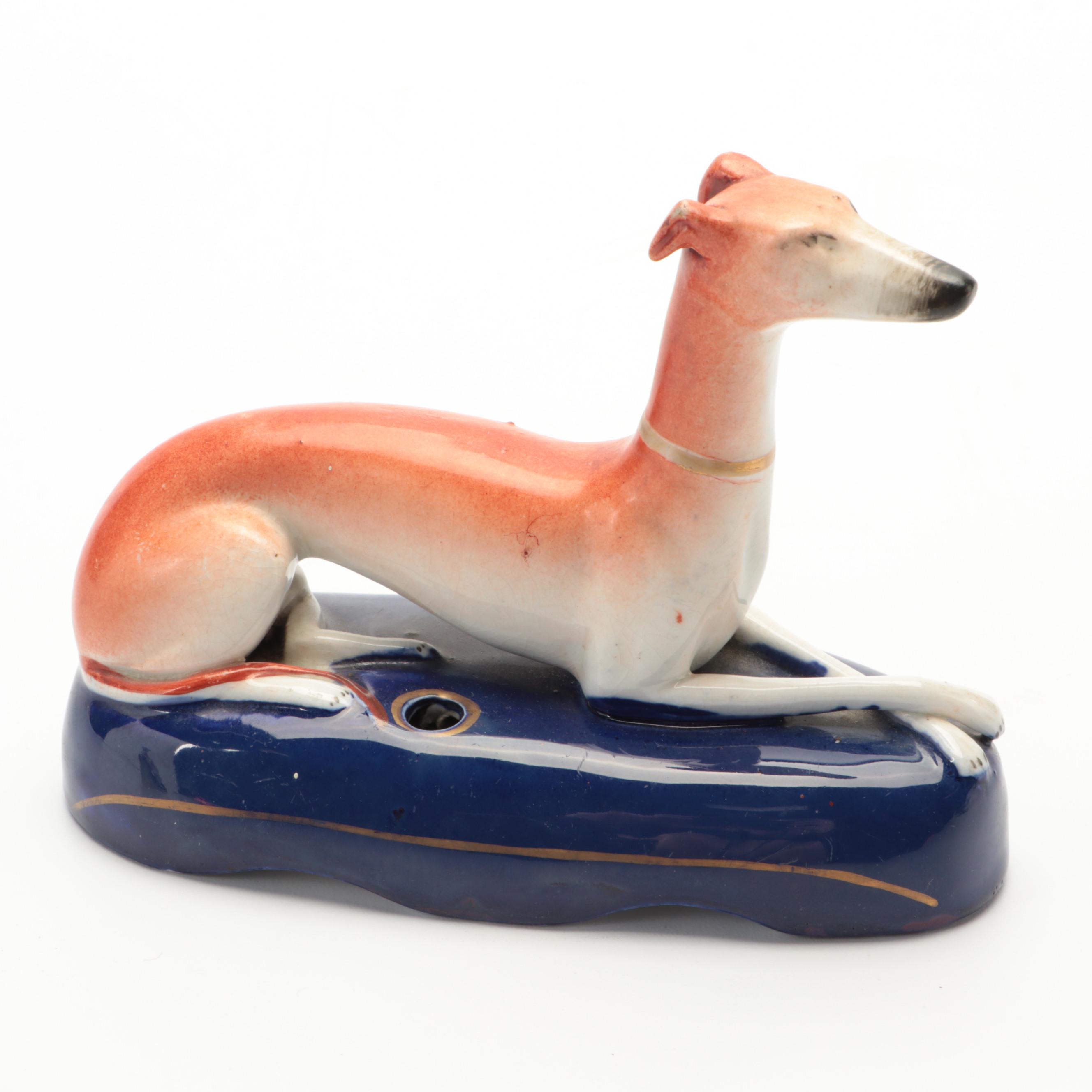 Staffordshire Greyhound and Gentleman Pen Holders with Other Dog Spill Vase