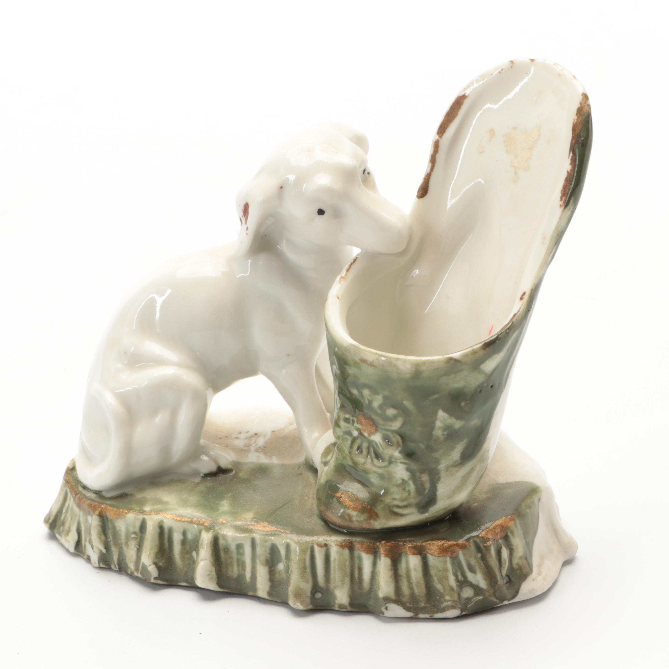 Staffordshire Greyhound and Gentleman Pen Holders with Other Dog Spill Vase