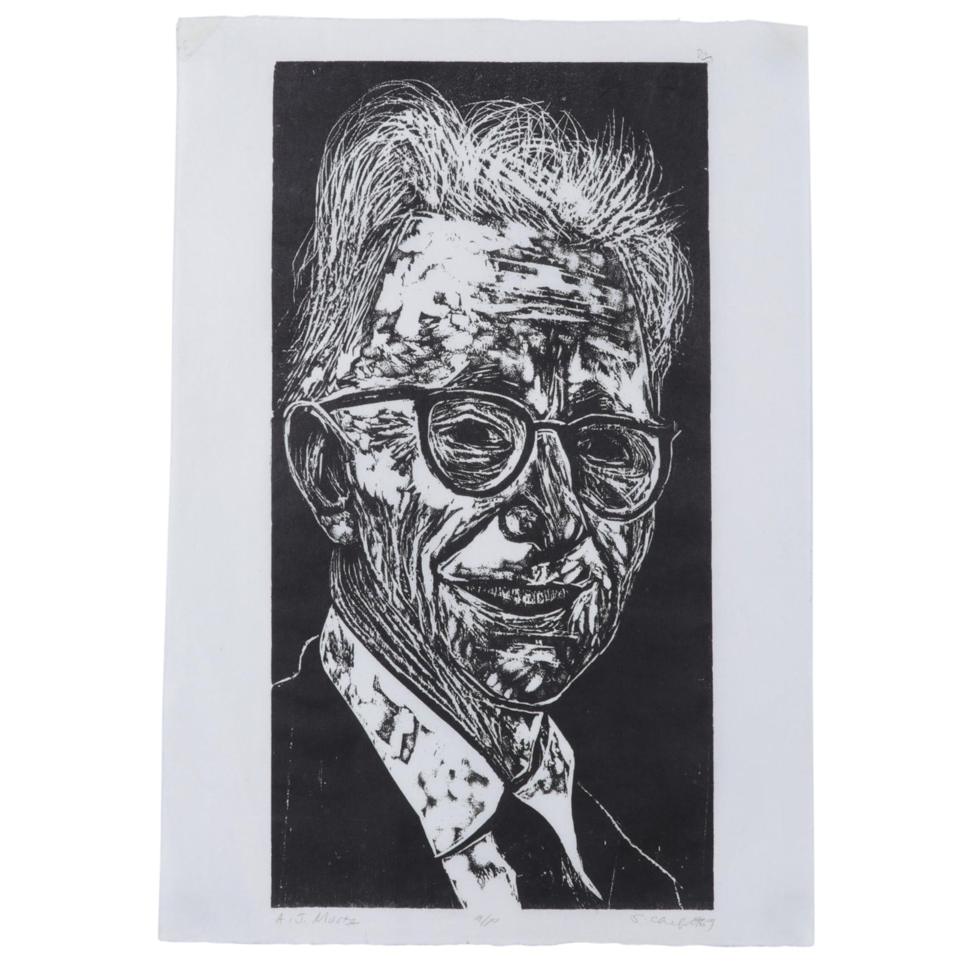 Sidney Chafetz Woodcut "A. J. Muste," 1967