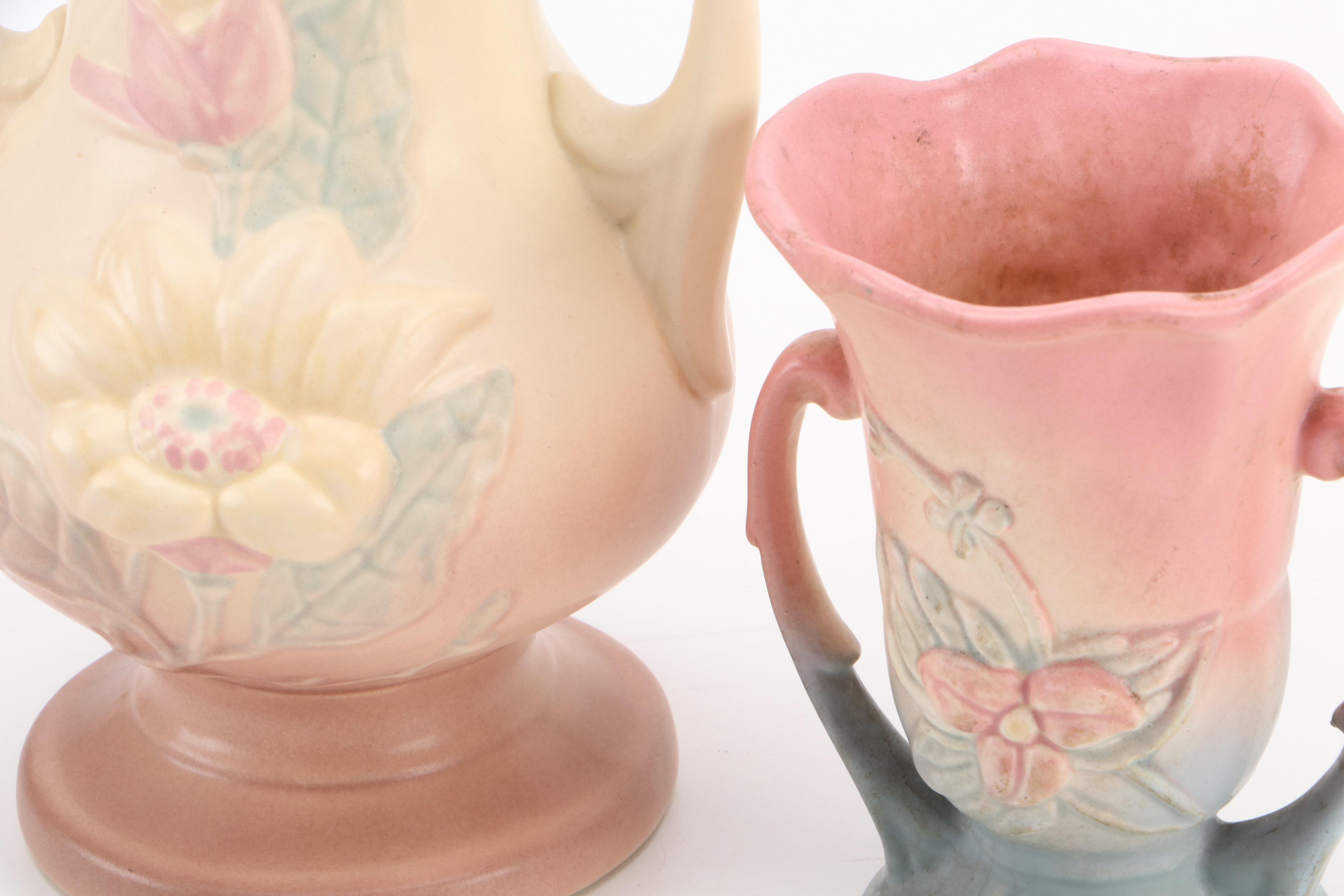 McCoy Creamer and Sugar with Weller and Hull Art Pottery Vases