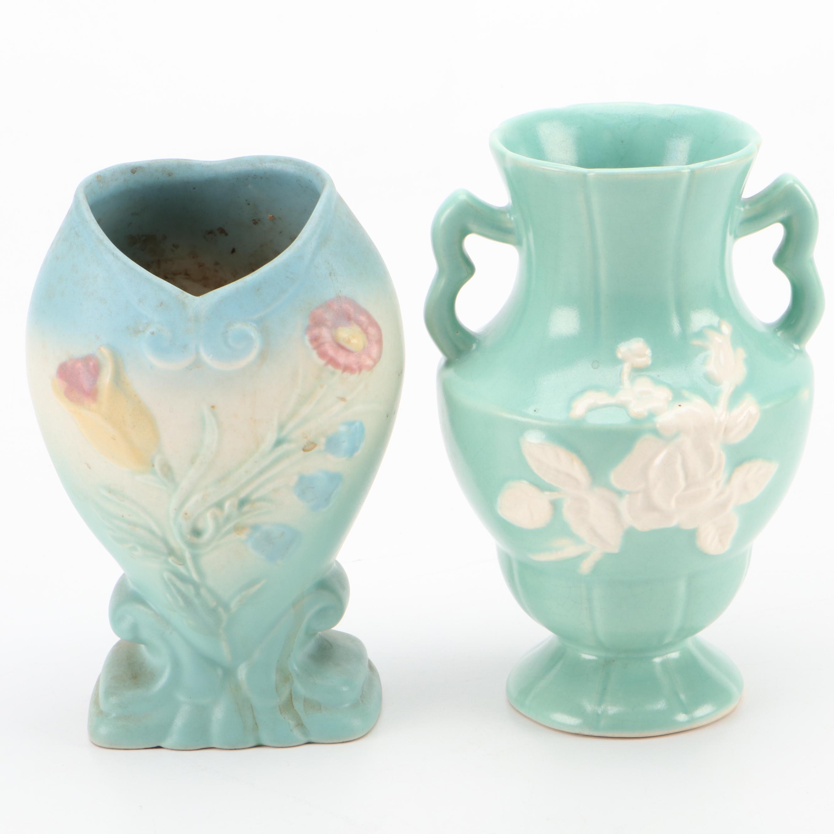 McCoy Creamer and Sugar with Weller and Hull Art Pottery Vases