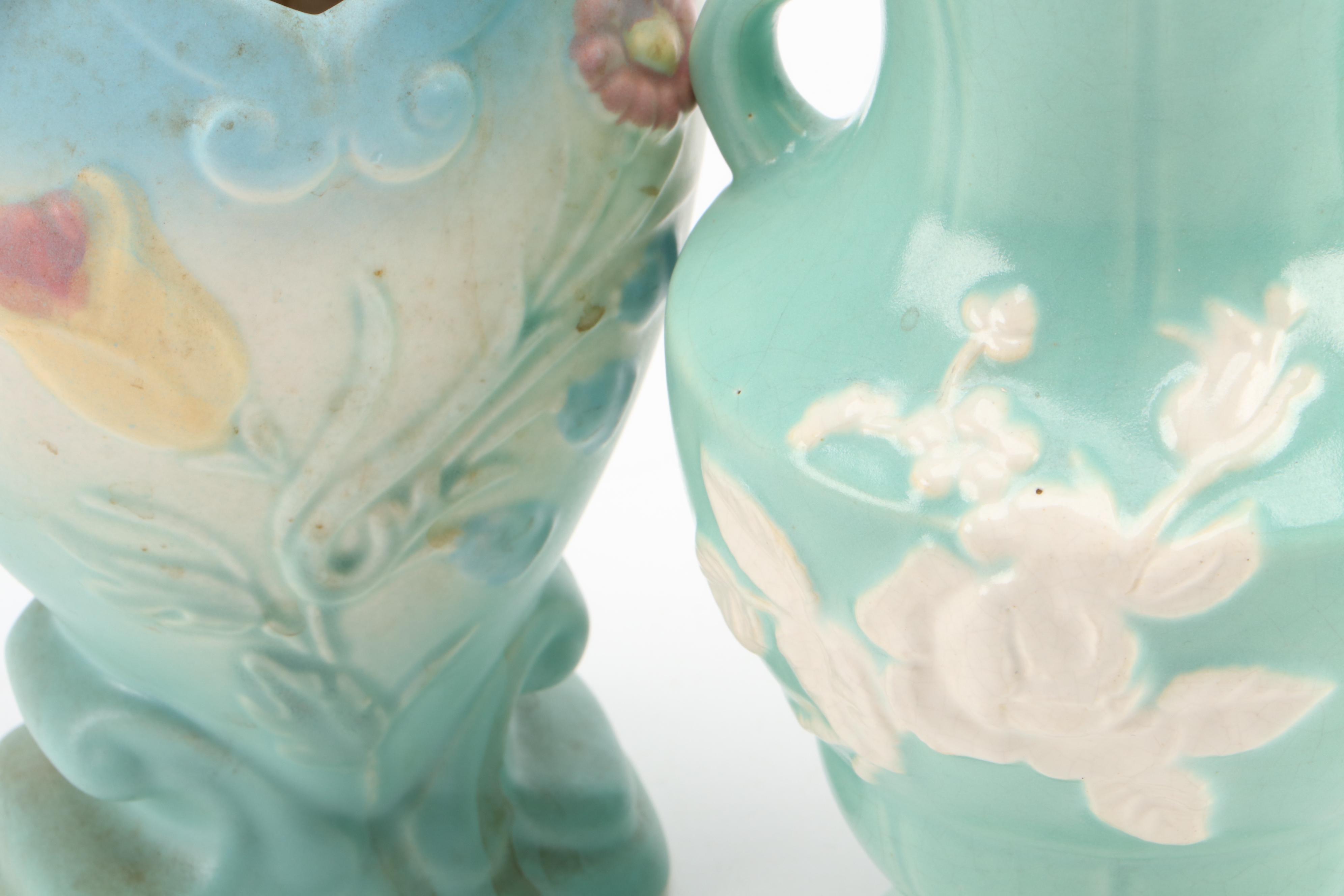 McCoy Creamer and Sugar with Weller and Hull Art Pottery Vases