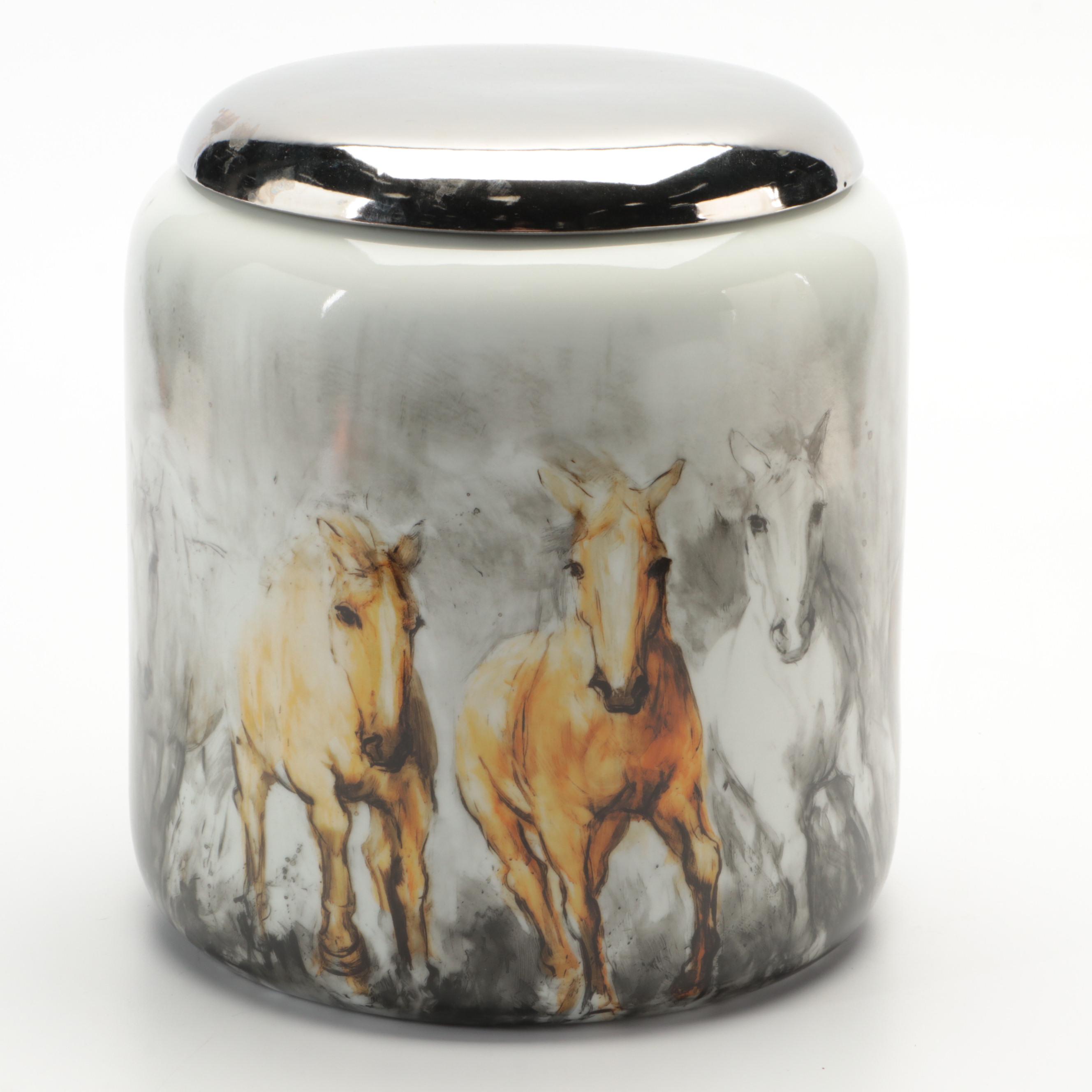 Tozai Home "Wild Horses" Lidded and Other Porcelain Jar