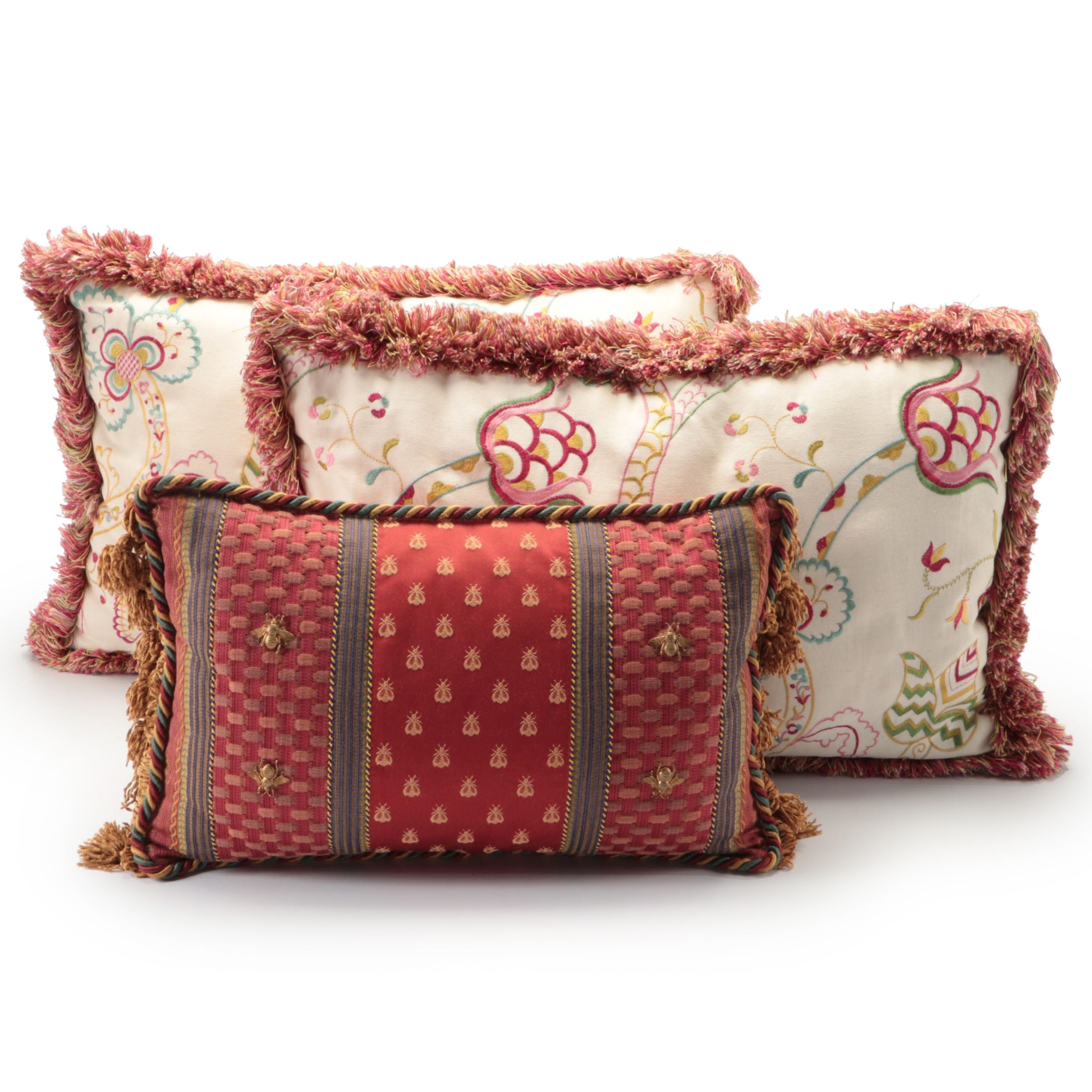 Floral Embroidered Fringed Accent Pillows with Bee Embellished Throw Pillow