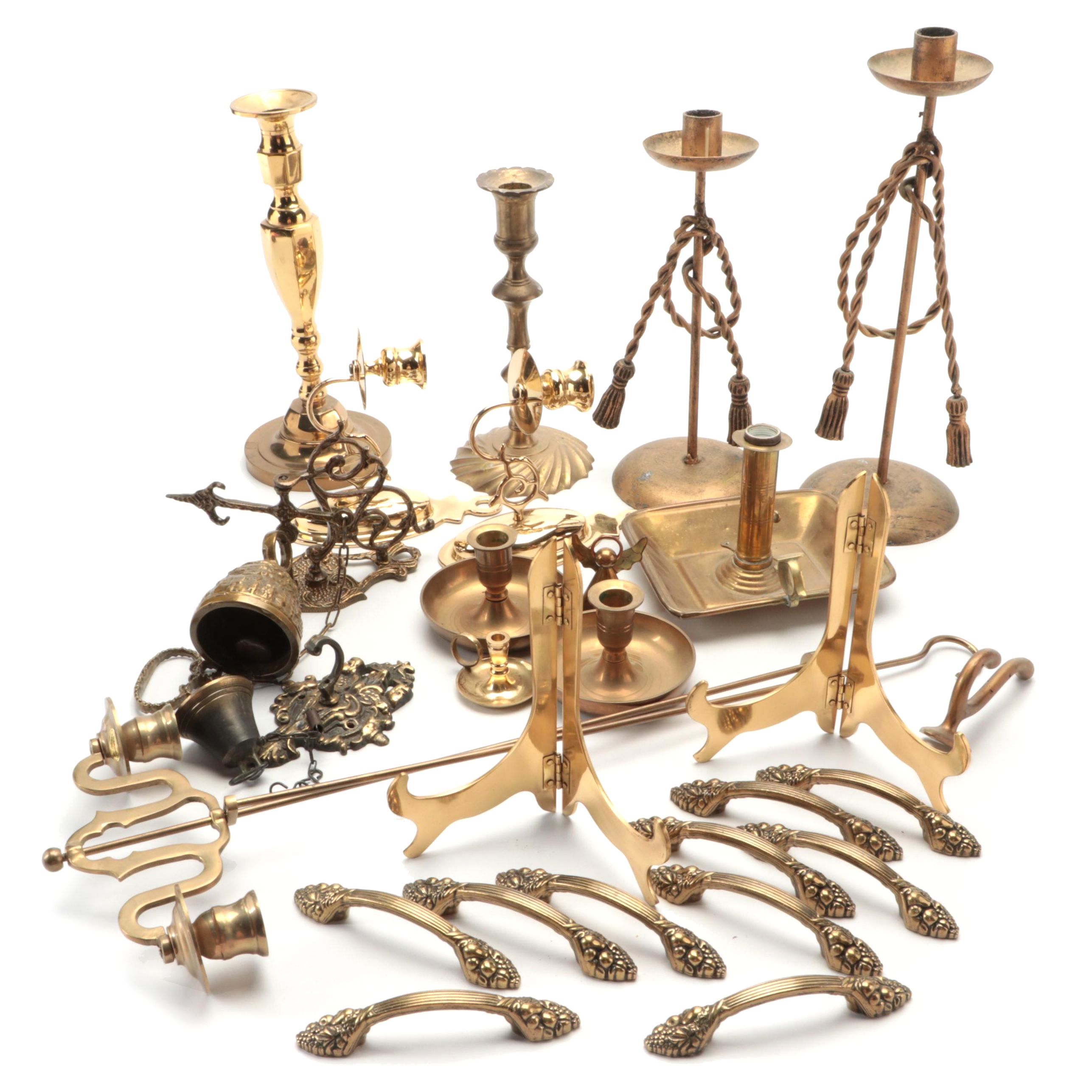 Brass and Brass Plated Candle Holders, Plate Stands, Bells and More Home Décor