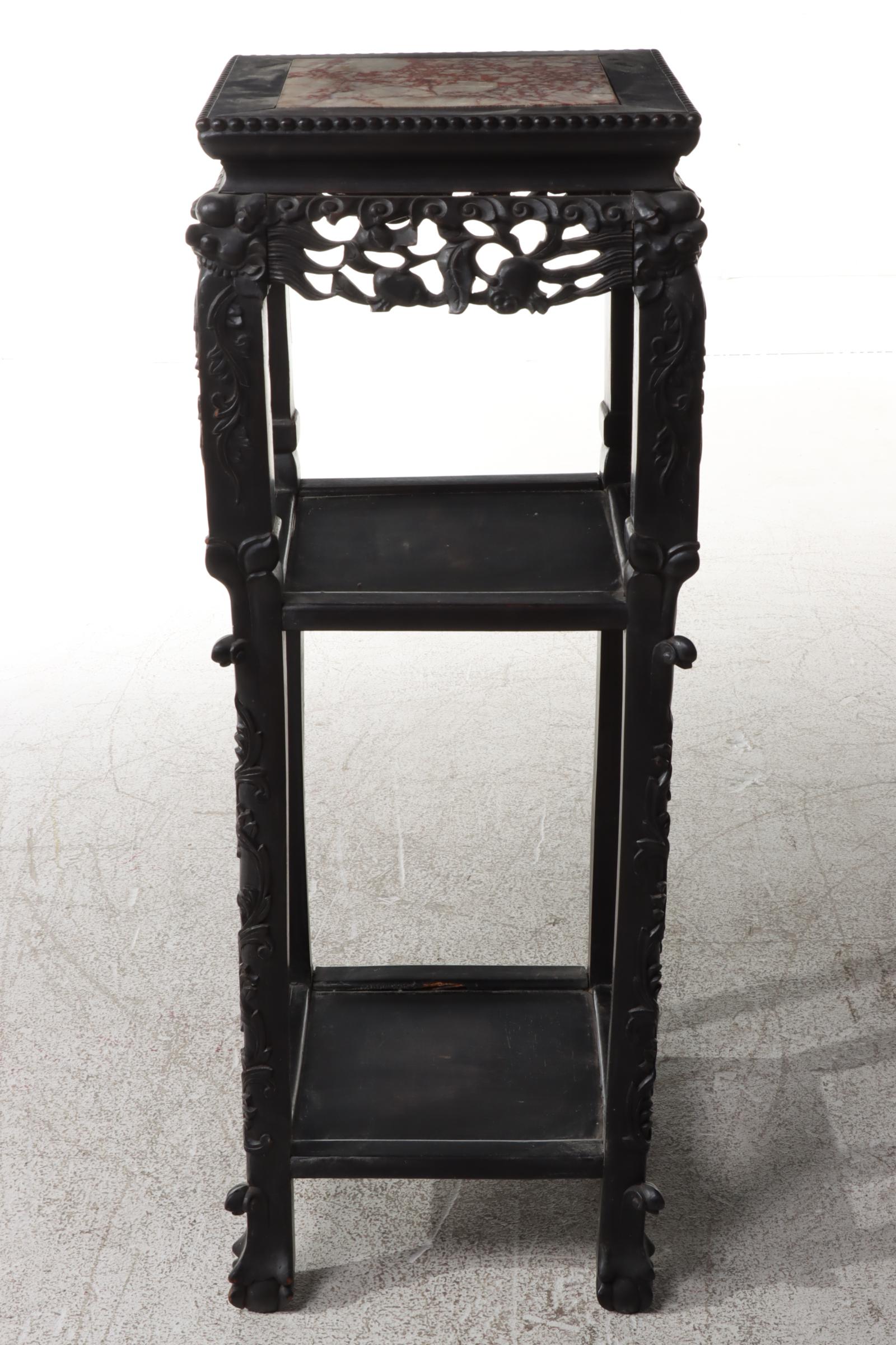 Chinese Ebonized Carved Rosewood Plant Stand with Inset Marble Top