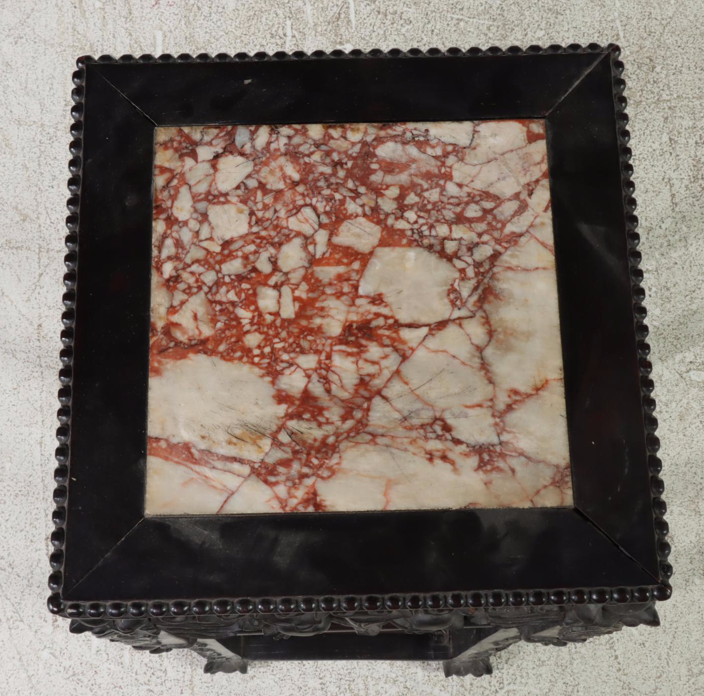 Chinese Ebonized Carved Rosewood Plant Stand with Inset Marble Top