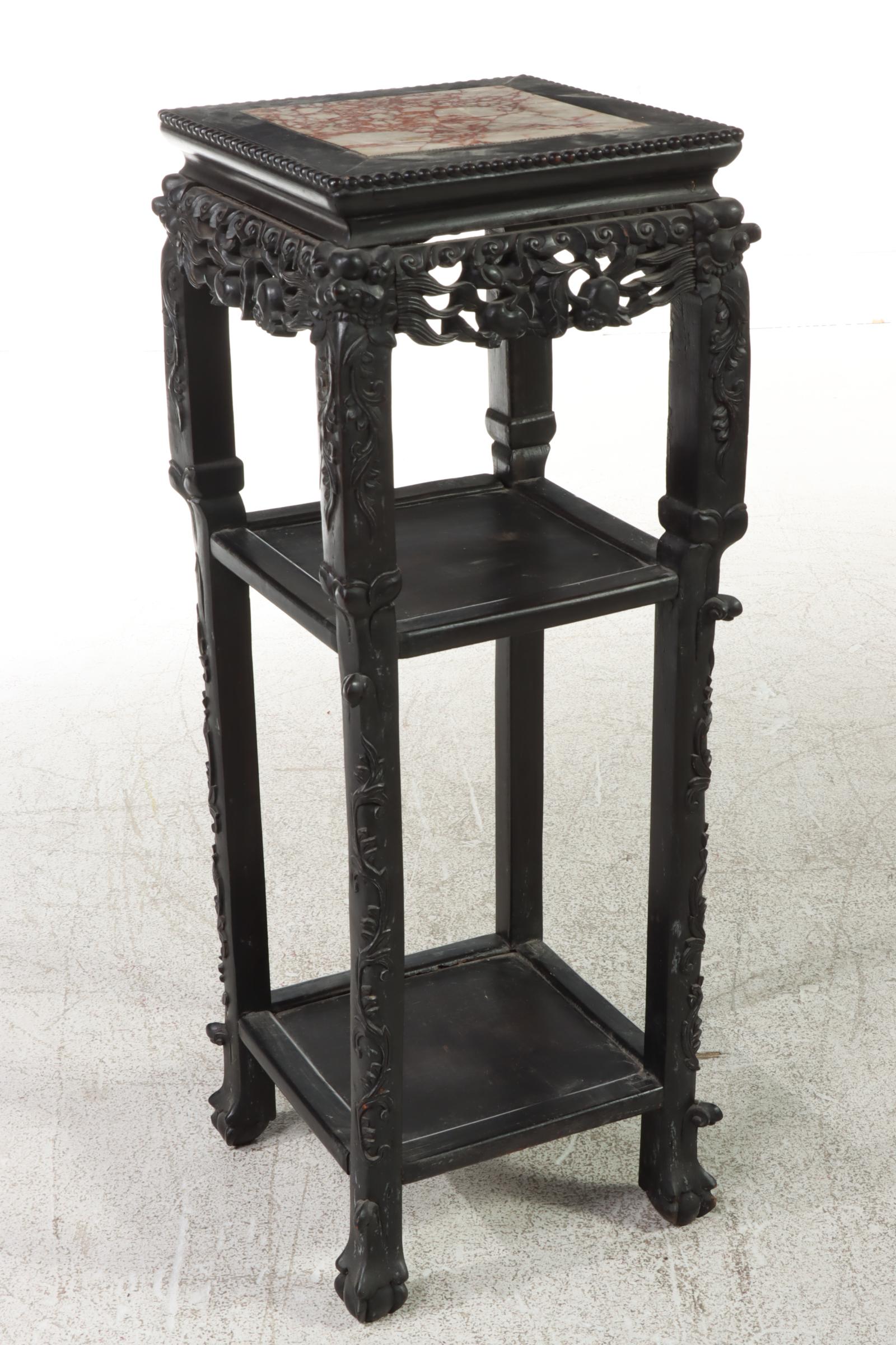 Chinese Ebonized Carved Rosewood Plant Stand with Inset Marble Top