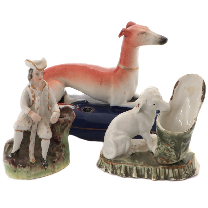 Staffordshire Greyhound and Gentleman Pen Holders with Other Dog Spill Vase