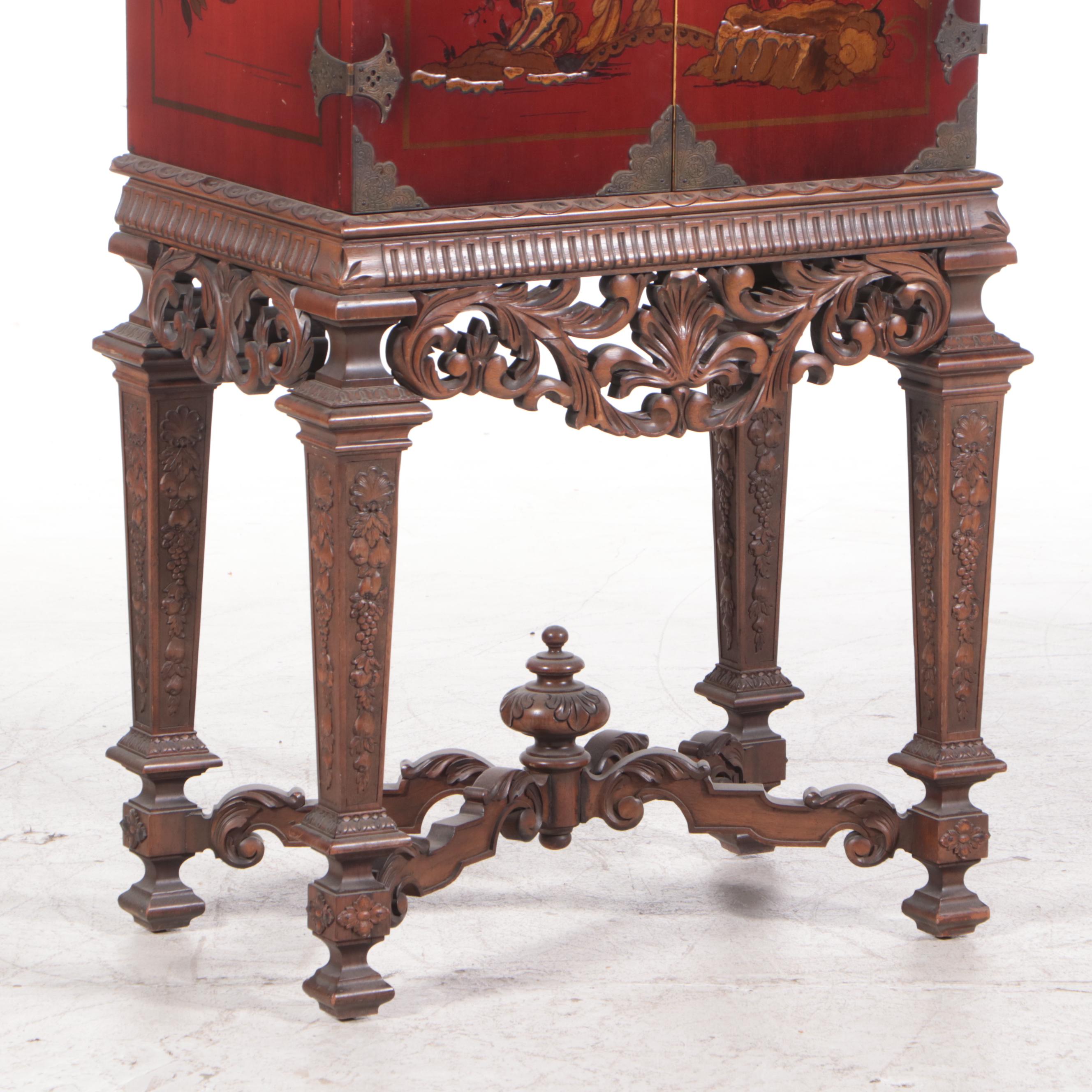 Chinoiserie Red Lacquerware Cabinet on Stand, Mid-20th Century