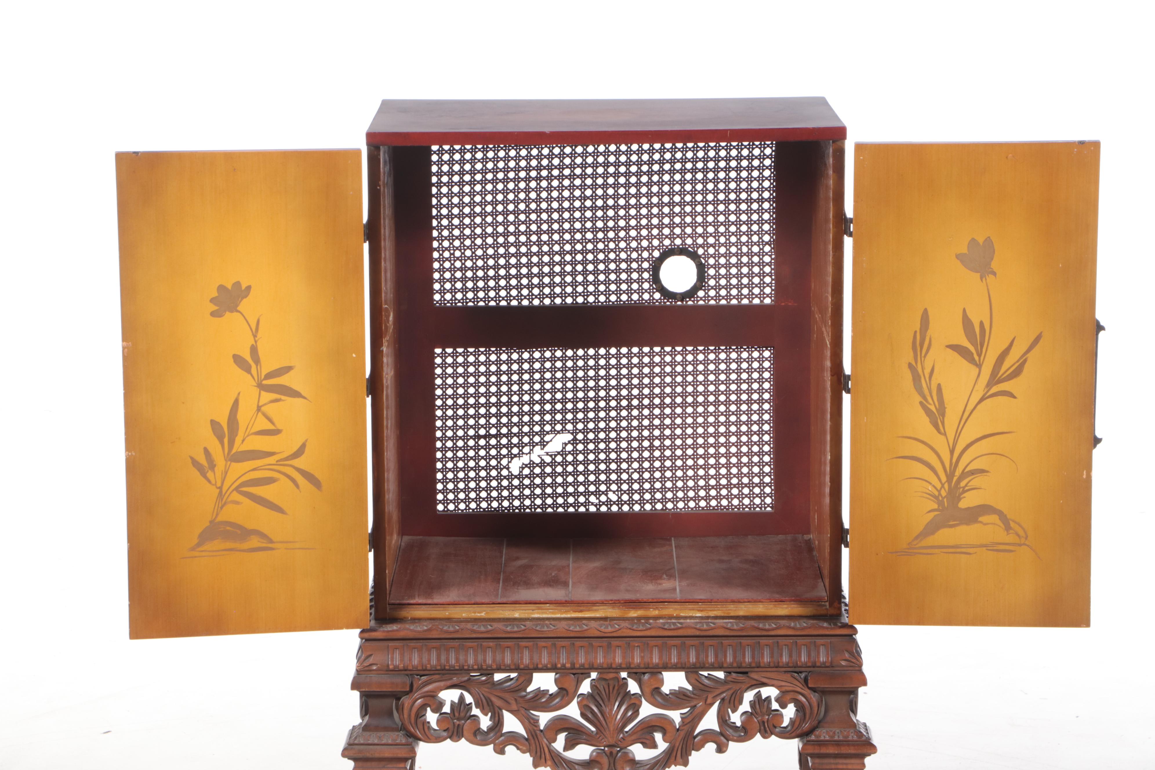 Chinoiserie Red Lacquerware Cabinet on Stand, Mid-20th Century