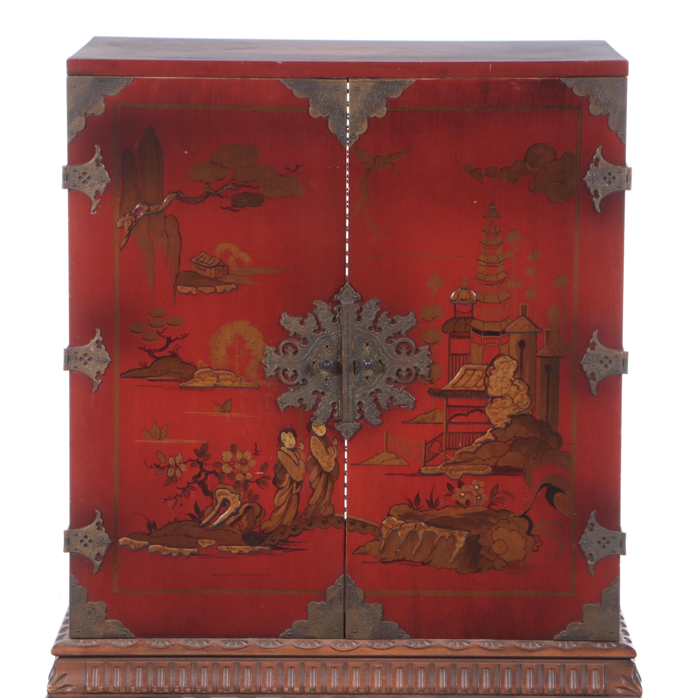 Chinoiserie Red Lacquerware Cabinet on Stand, Mid-20th Century