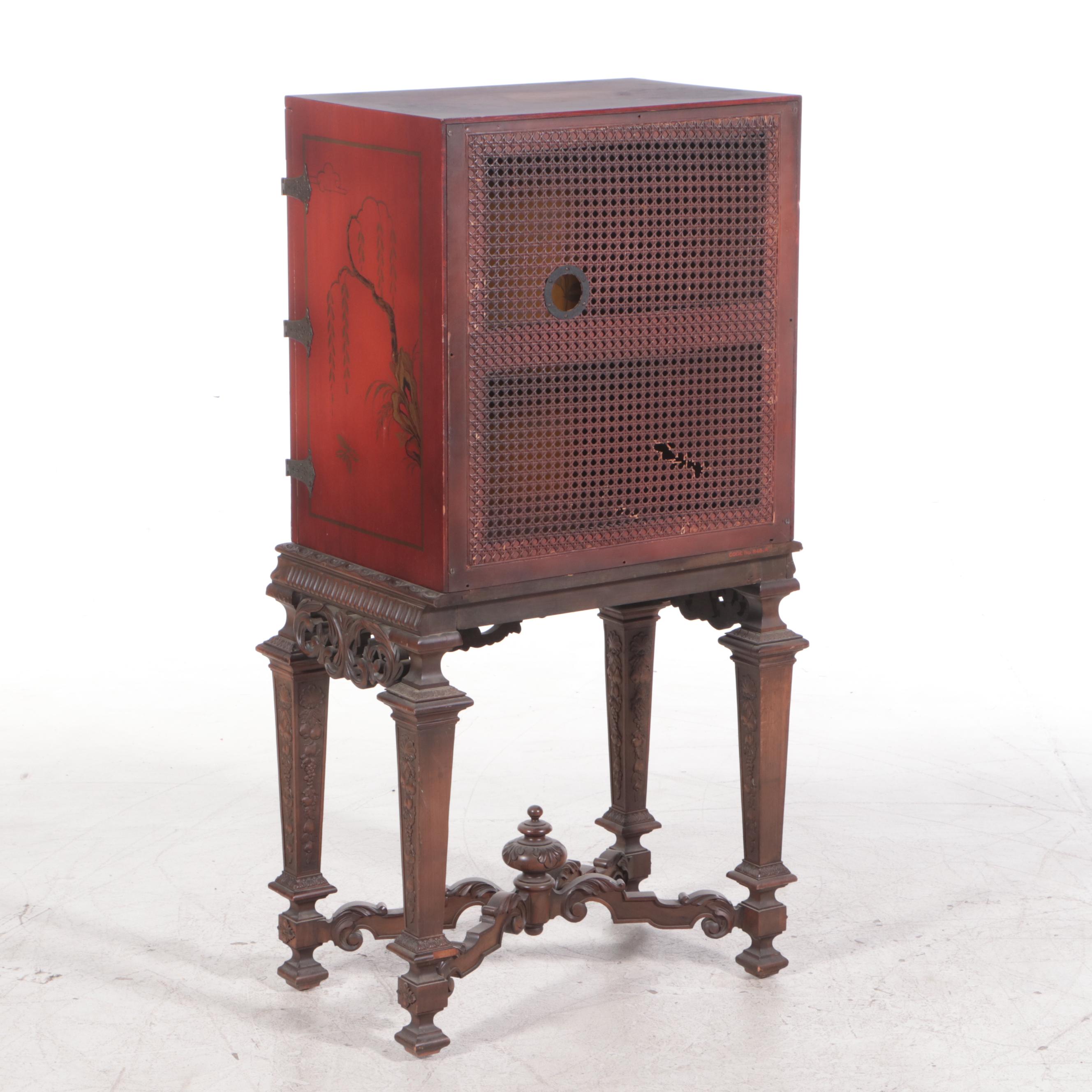 Chinoiserie Red Lacquerware Cabinet on Stand, Mid-20th Century