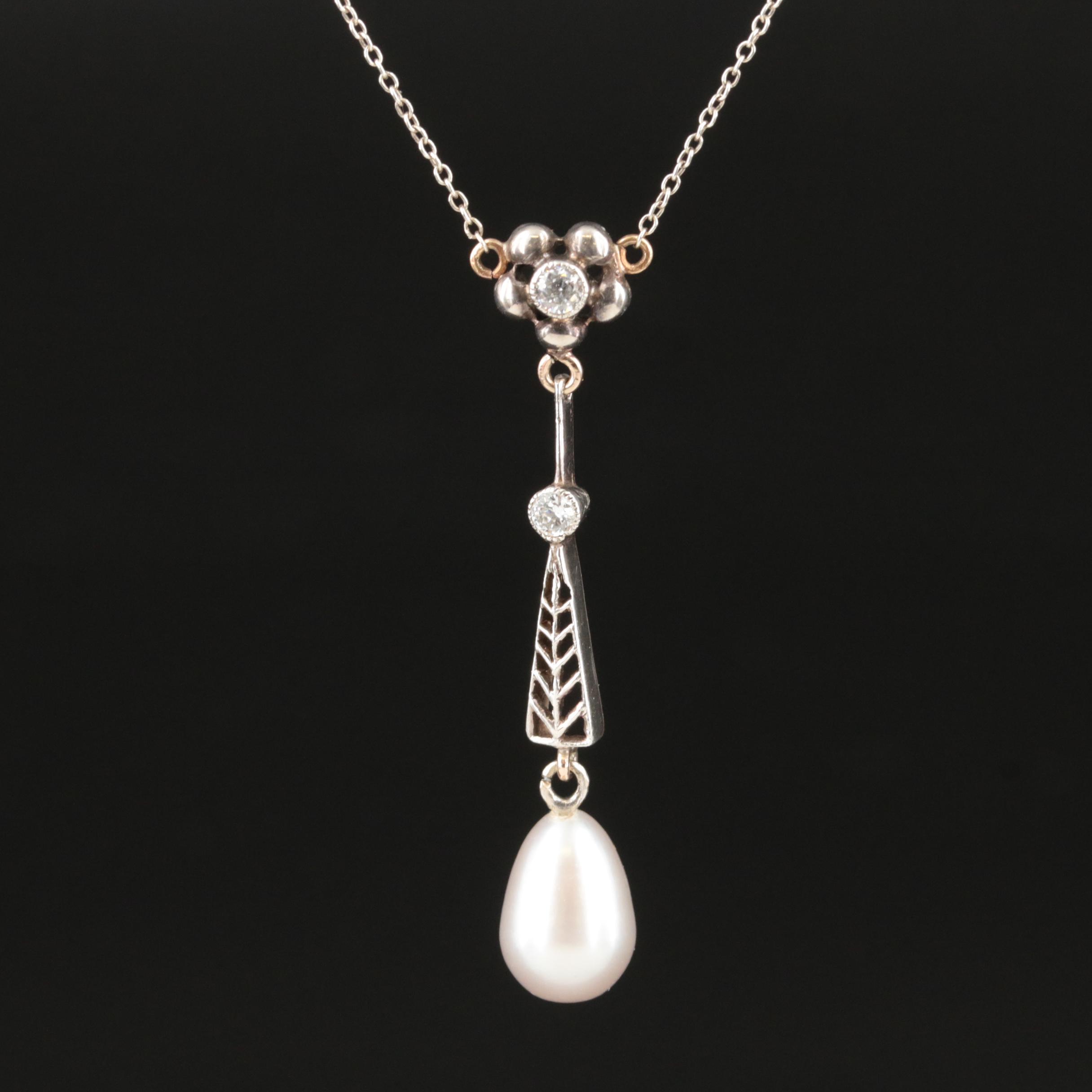 Early 1900s 10K Diamond and Pearl Lavalier Necklace with Sterling Accent
