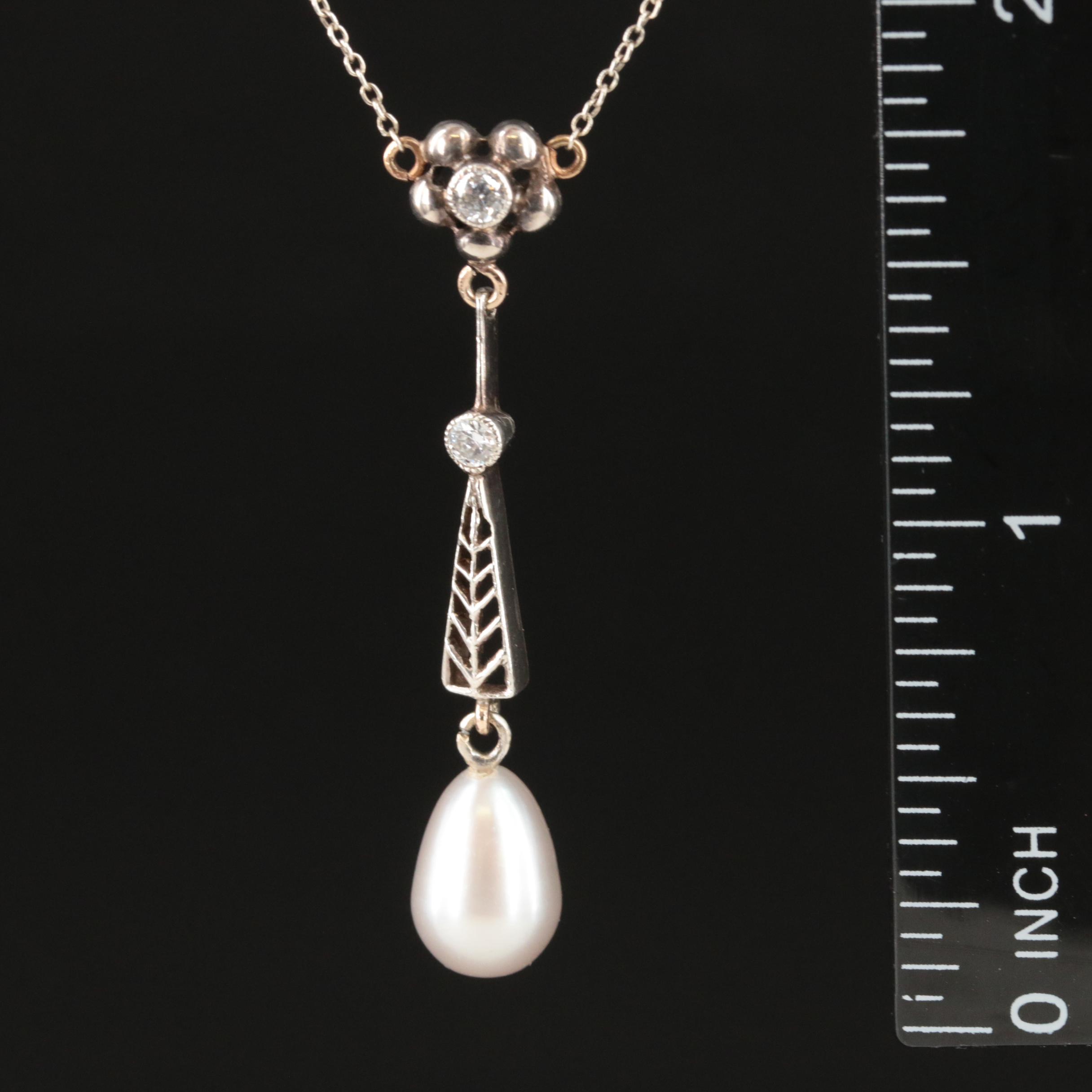 Early 1900s 10K Diamond and Pearl Lavalier Necklace with Sterling Accent