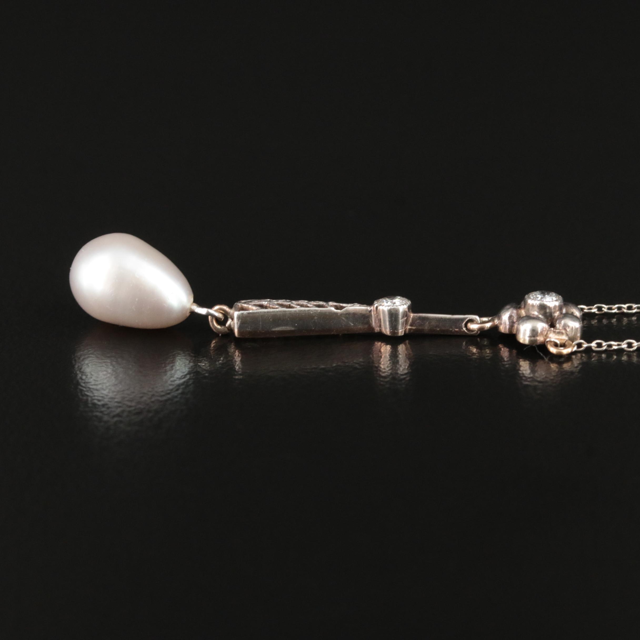 Early 1900s 10K Diamond and Pearl Lavalier Necklace with Sterling Accent