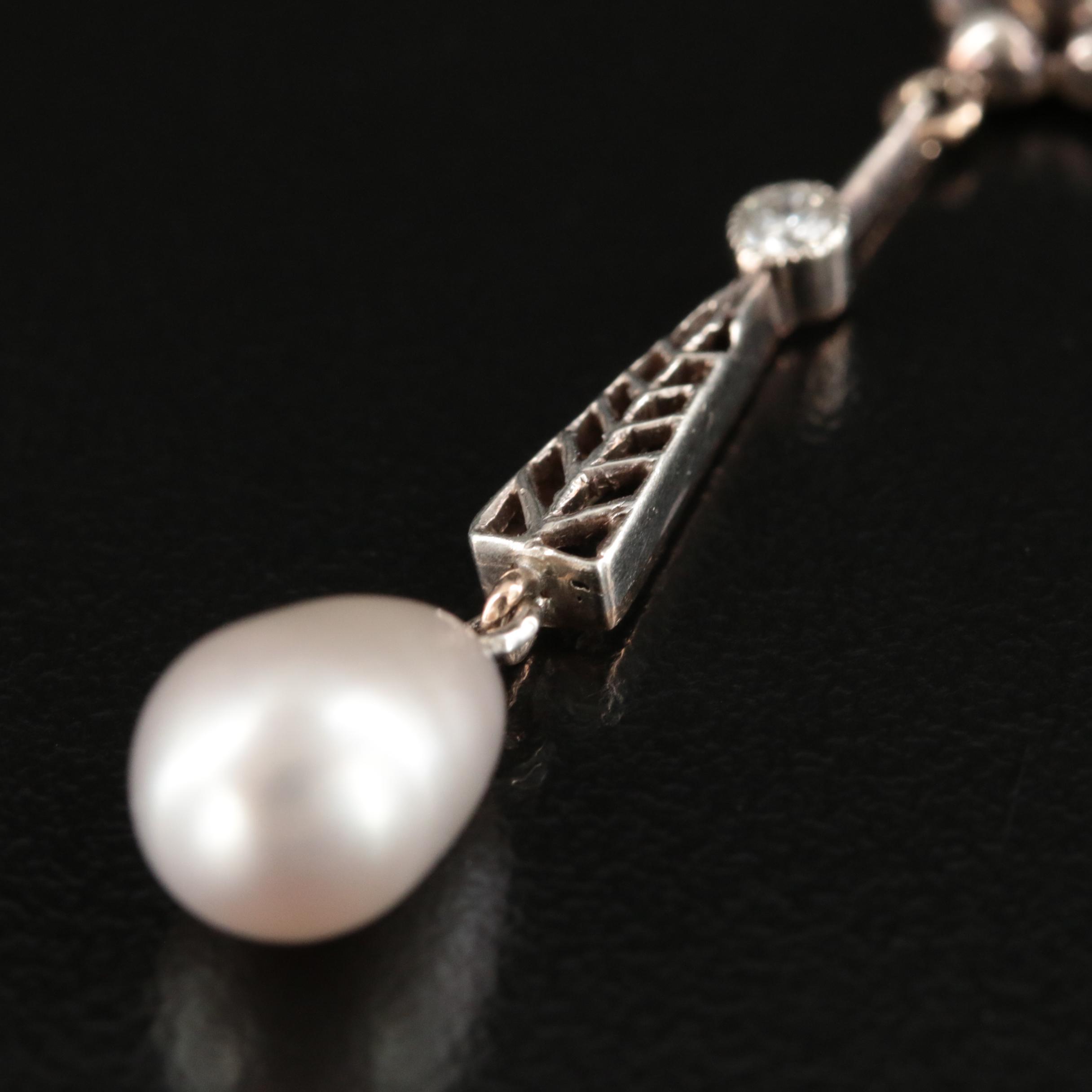 Early 1900s 10K Diamond and Pearl Lavalier Necklace with Sterling Accent