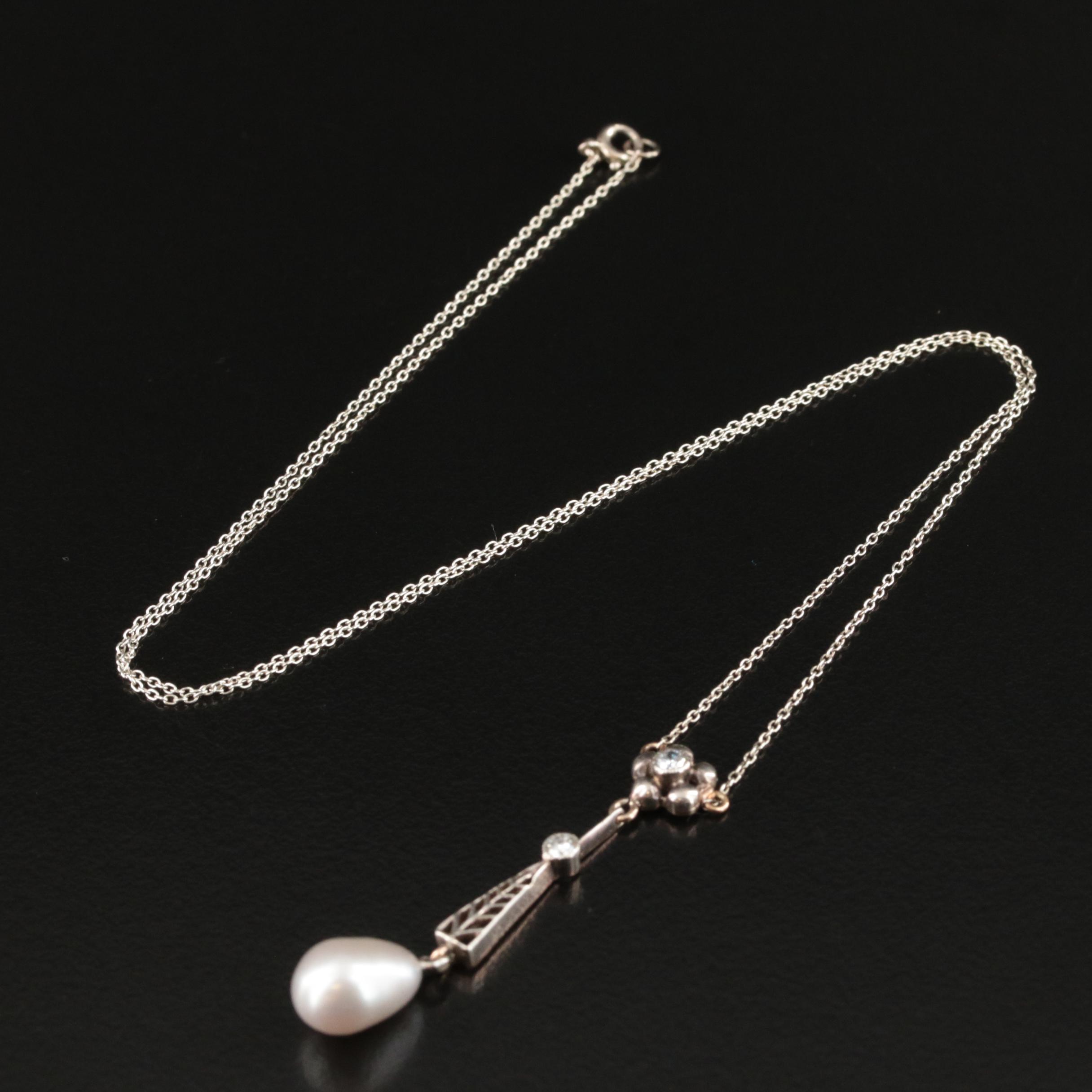 Early 1900s 10K Diamond and Pearl Lavalier Necklace with Sterling Accent