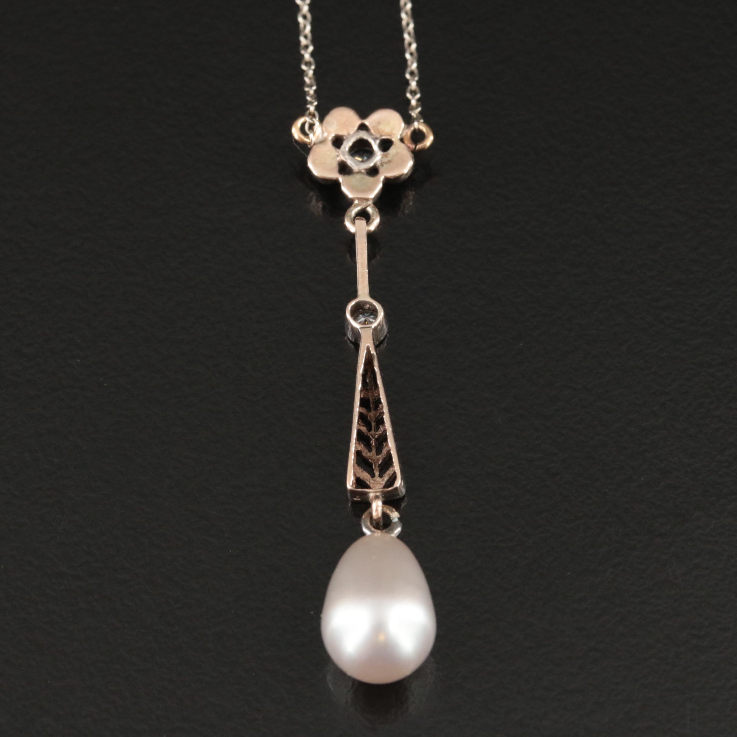 Early 1900s 10K Diamond and Pearl Lavalier Necklace with Sterling Accent