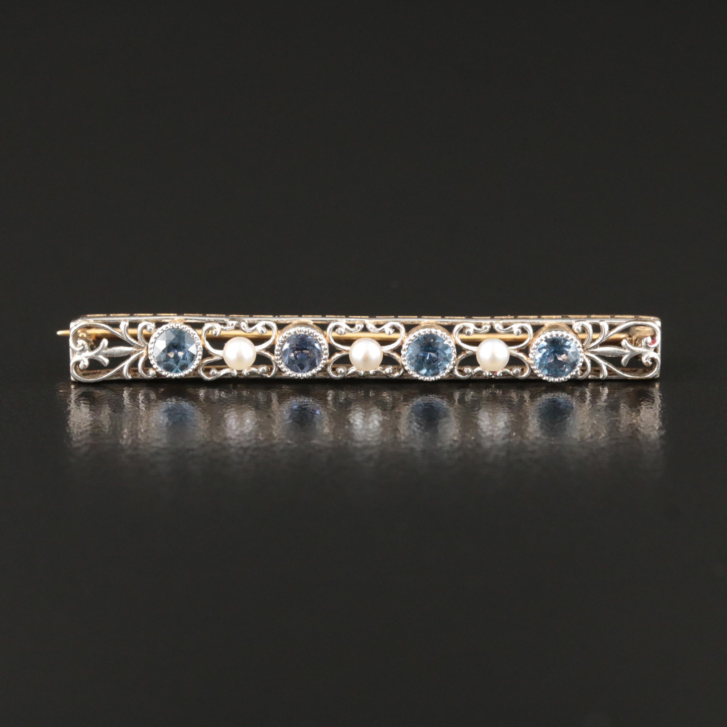 Edwardian Bippart, Griscom and Osborn 14K and Platinum Sapphire and Pearl Pin