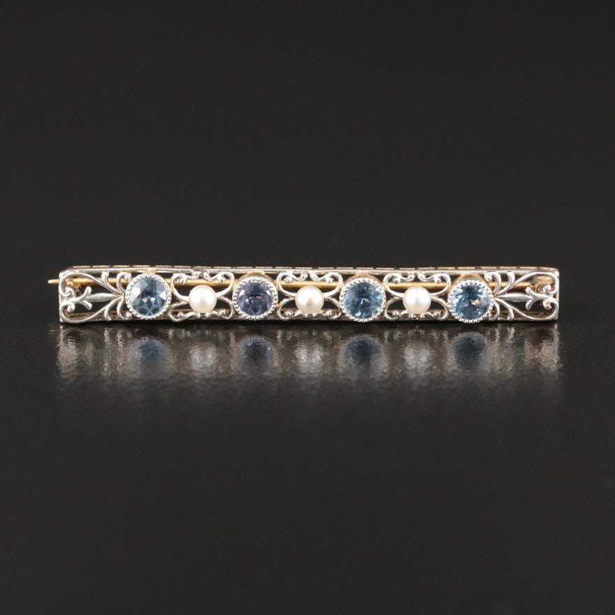 Edwardian Bippart, Griscom and Osborn 14K and Platinum Sapphire and Pearl Pin