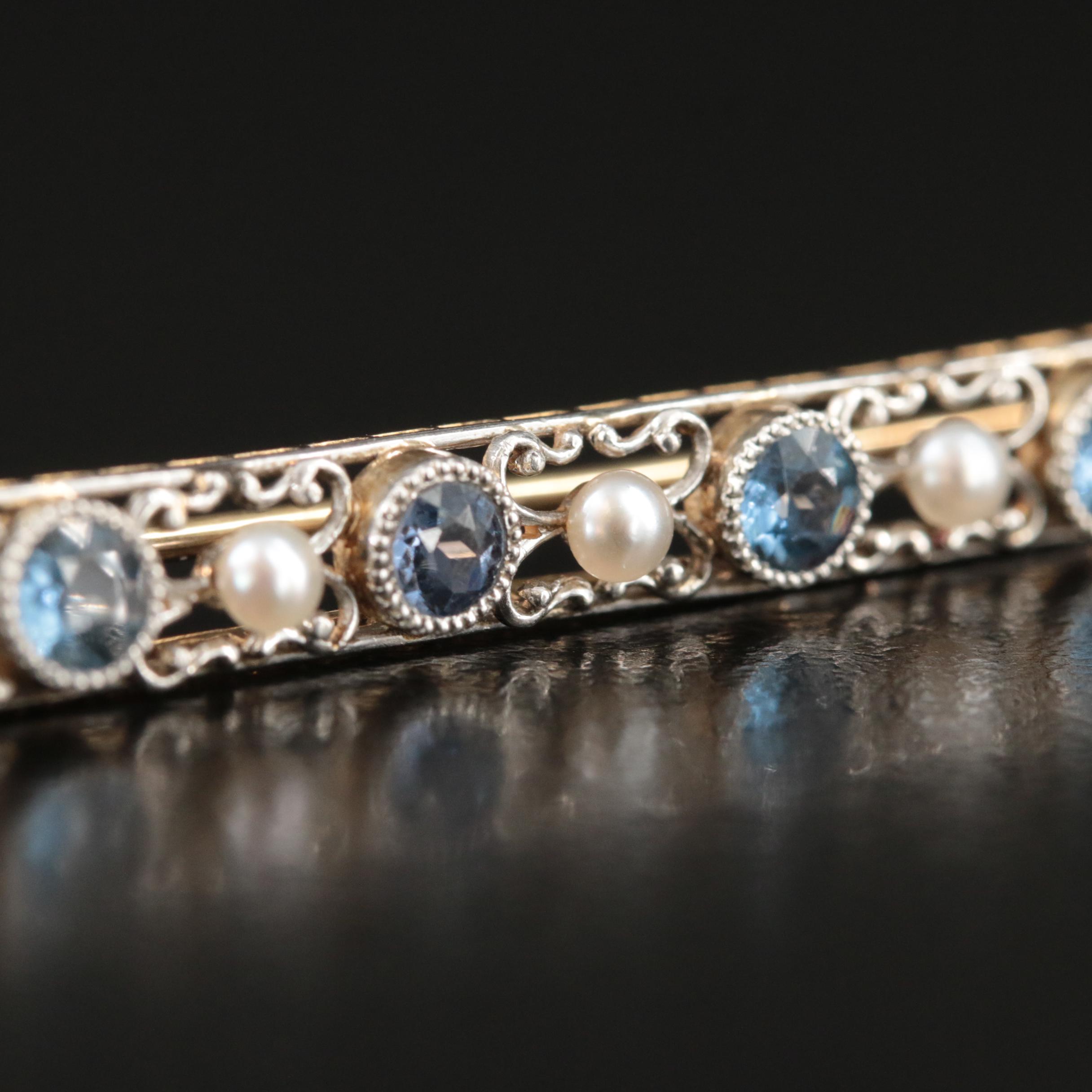 Edwardian Bippart, Griscom and Osborn 14K and Platinum Sapphire and Pearl Pin