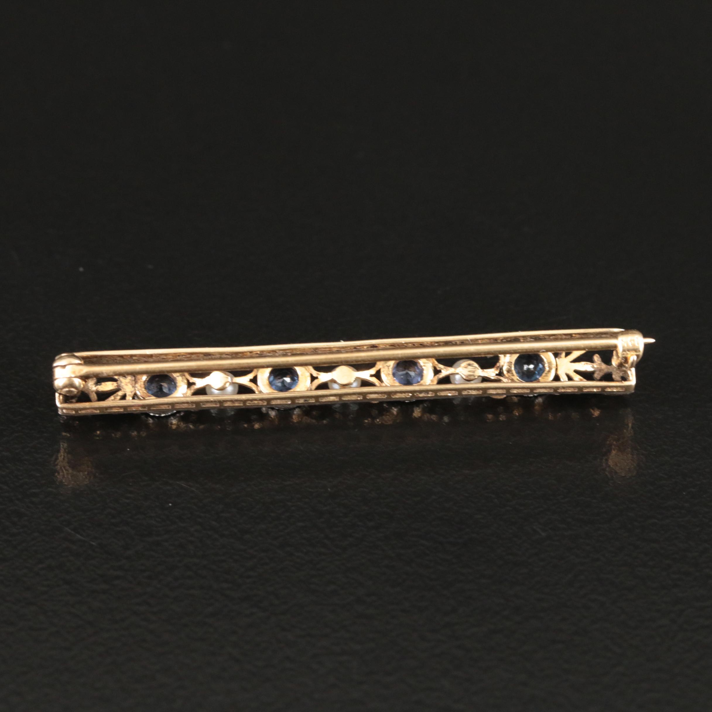 Edwardian Bippart, Griscom and Osborn 14K and Platinum Sapphire and Pearl Pin