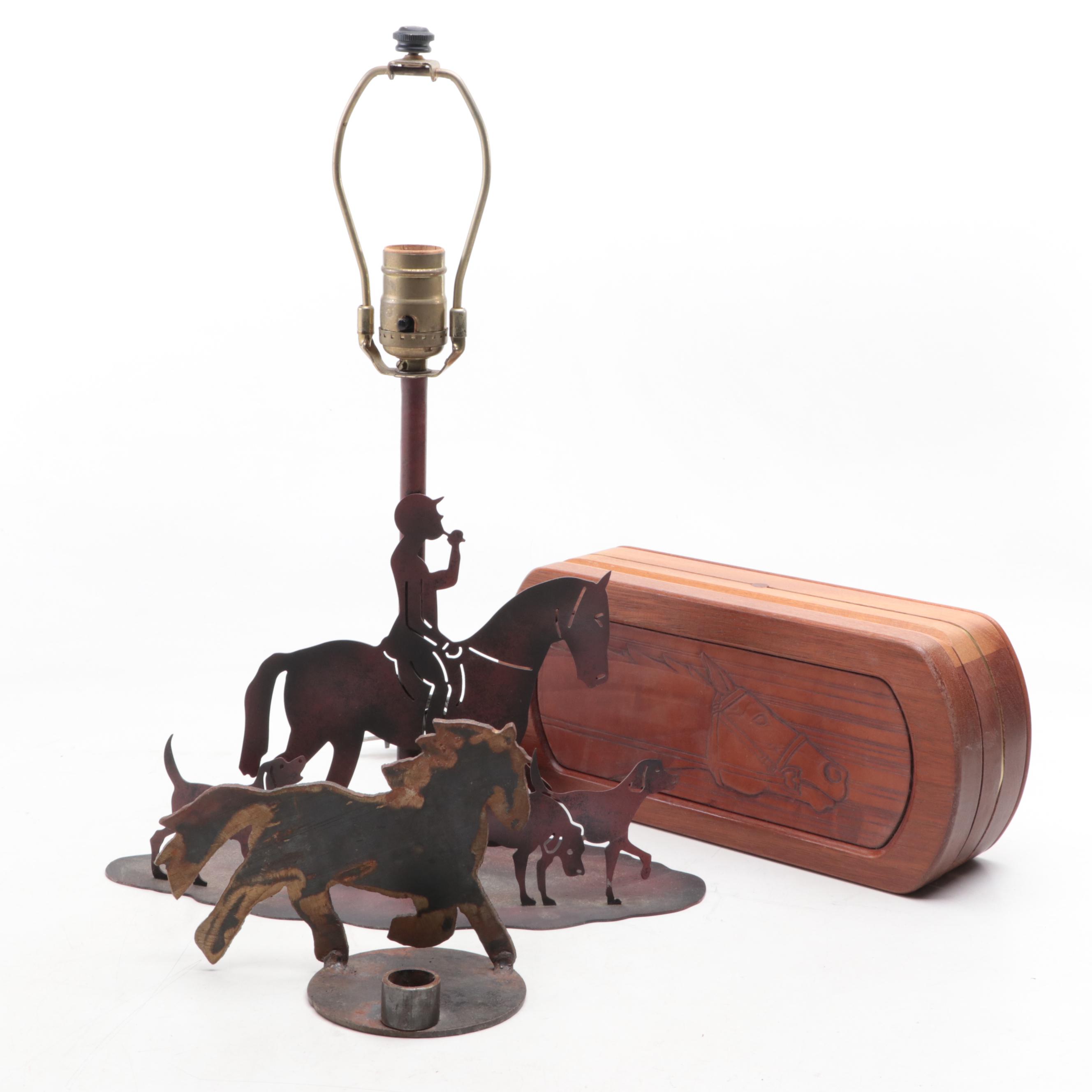 Carved Mahogany Dresser Box with Iron Candle Holder and Hunt Themed Lamp