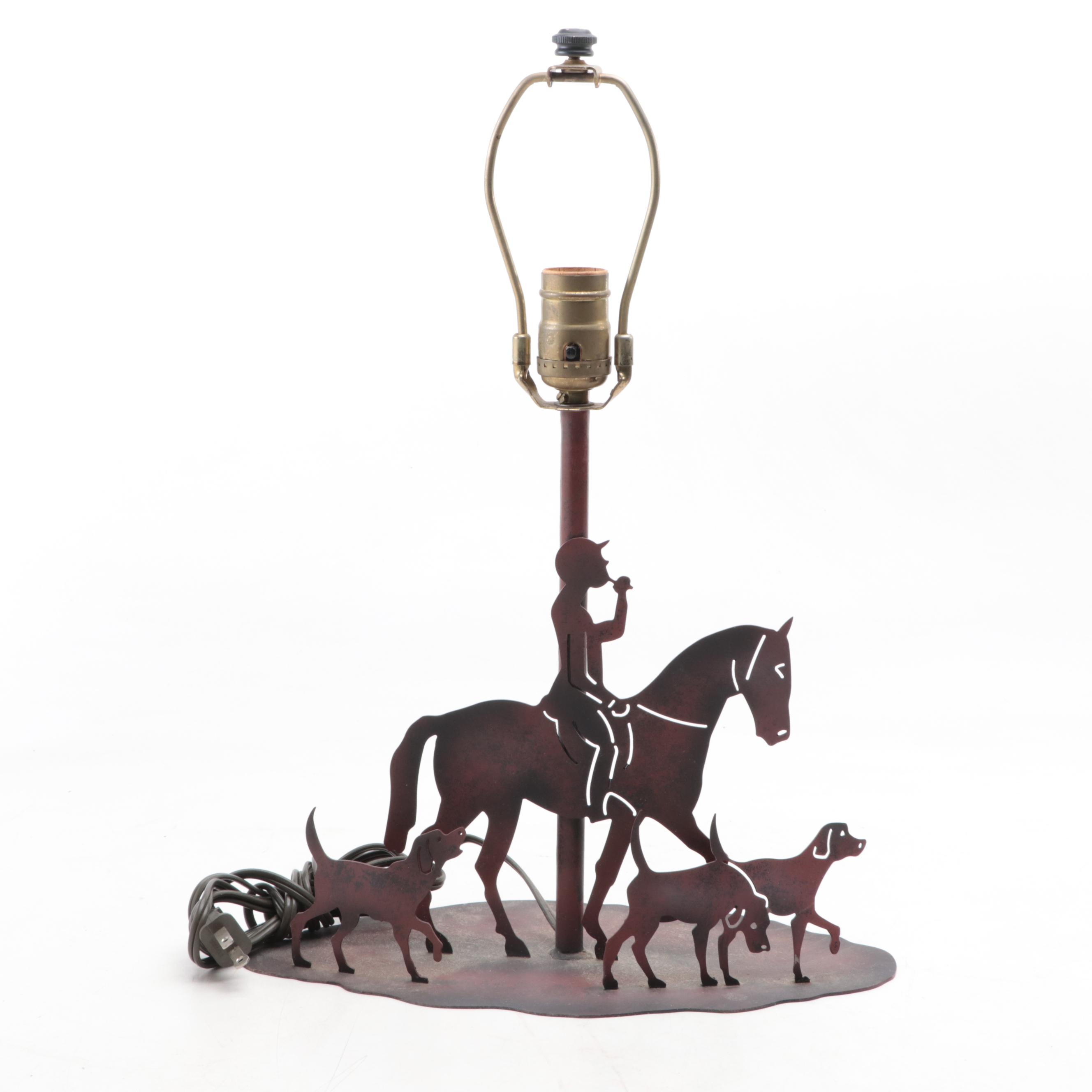 Carved Mahogany Dresser Box with Iron Candle Holder and Hunt Themed Lamp