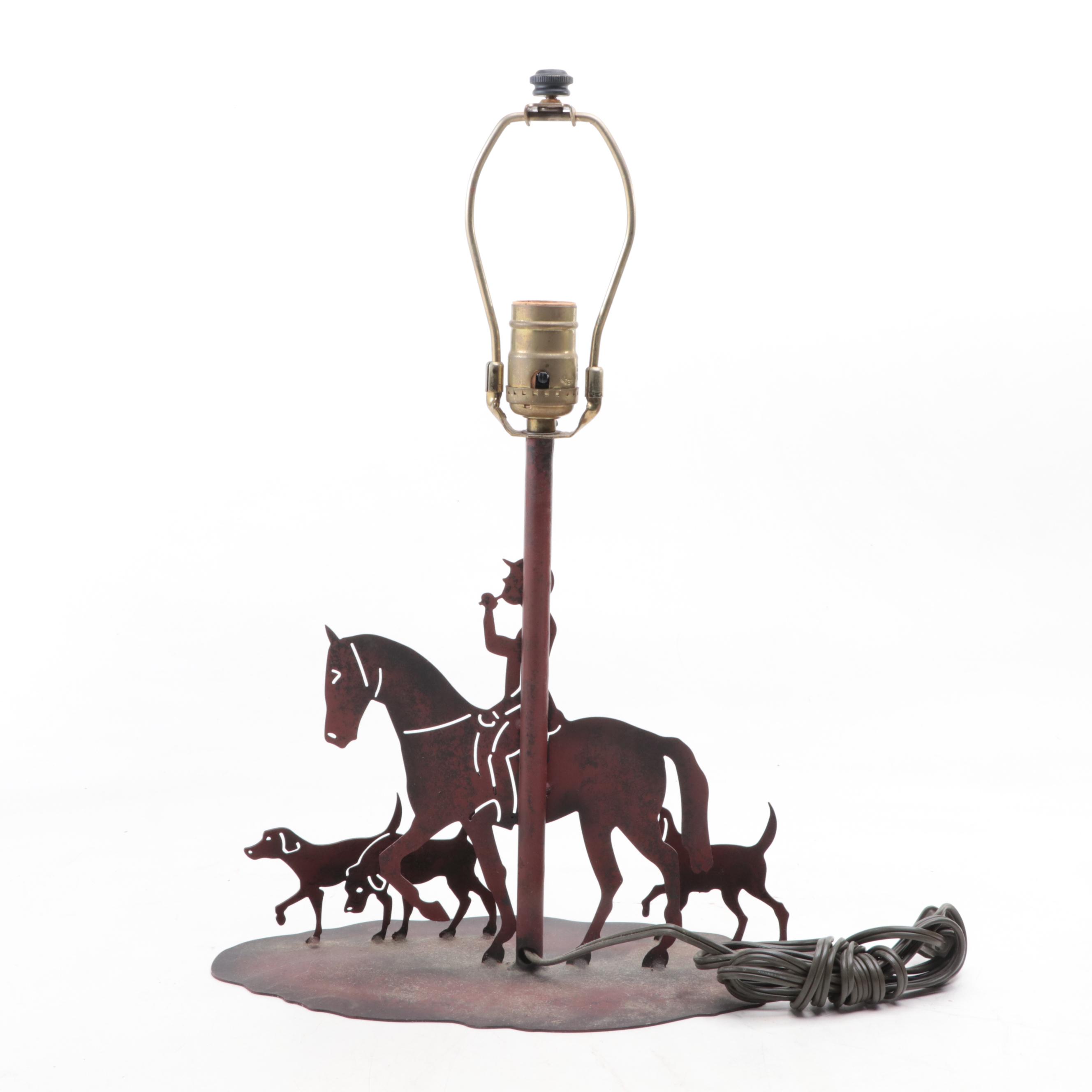 Carved Mahogany Dresser Box with Iron Candle Holder and Hunt Themed Lamp