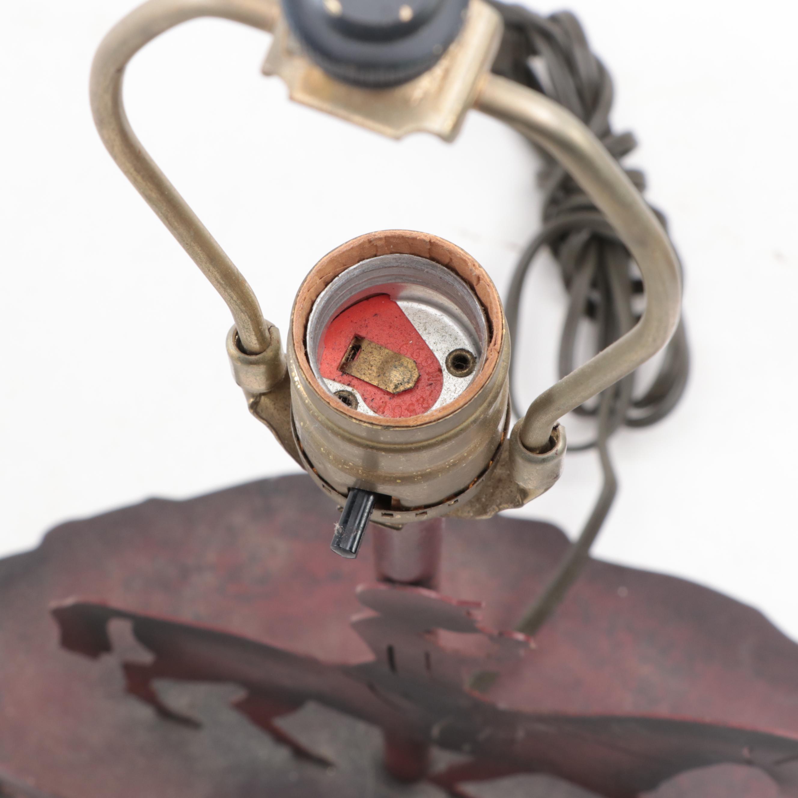 Carved Mahogany Dresser Box with Iron Candle Holder and Hunt Themed Lamp