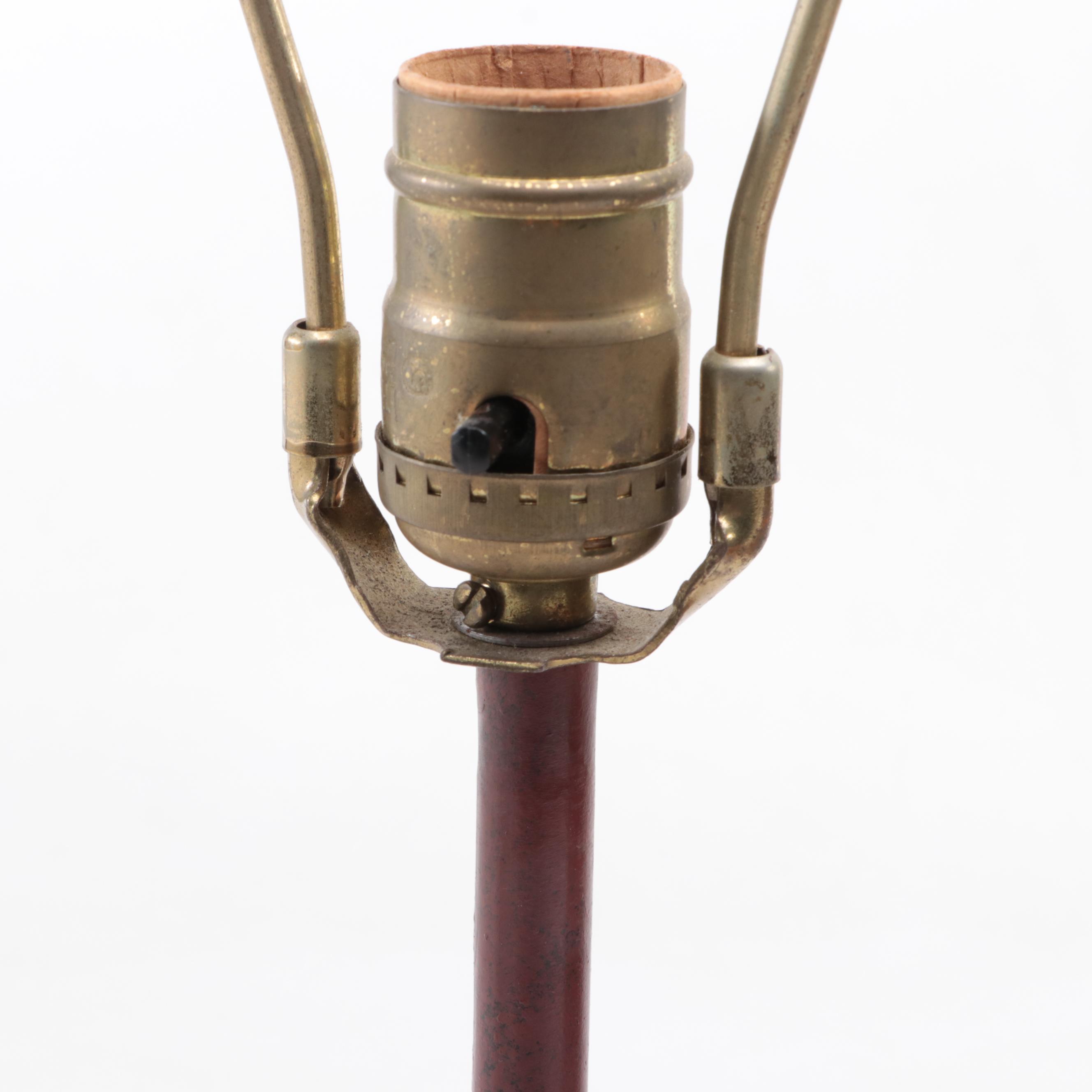 Carved Mahogany Dresser Box with Iron Candle Holder and Hunt Themed Lamp