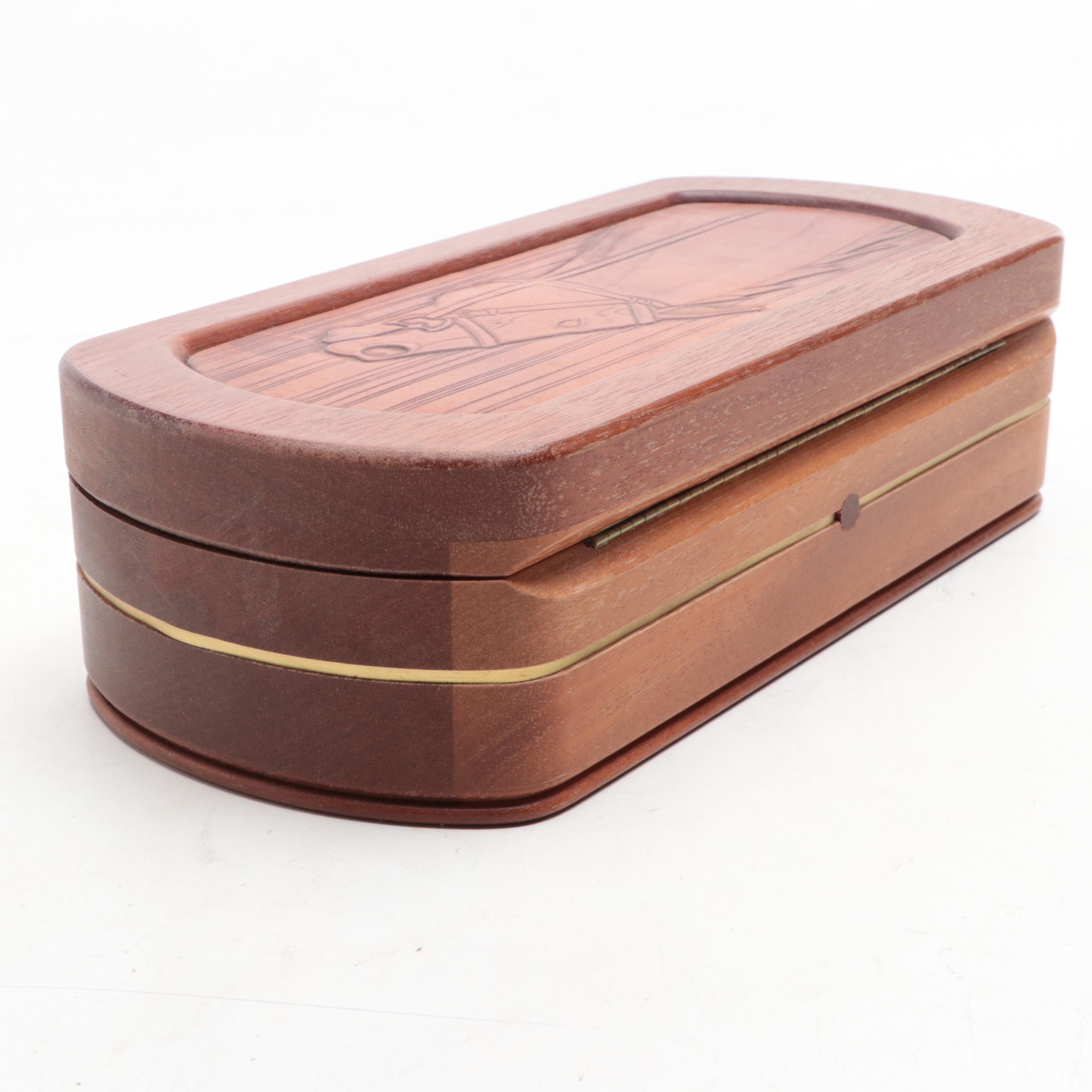 Carved Mahogany Dresser Box with Iron Candle Holder and Hunt Themed Lamp