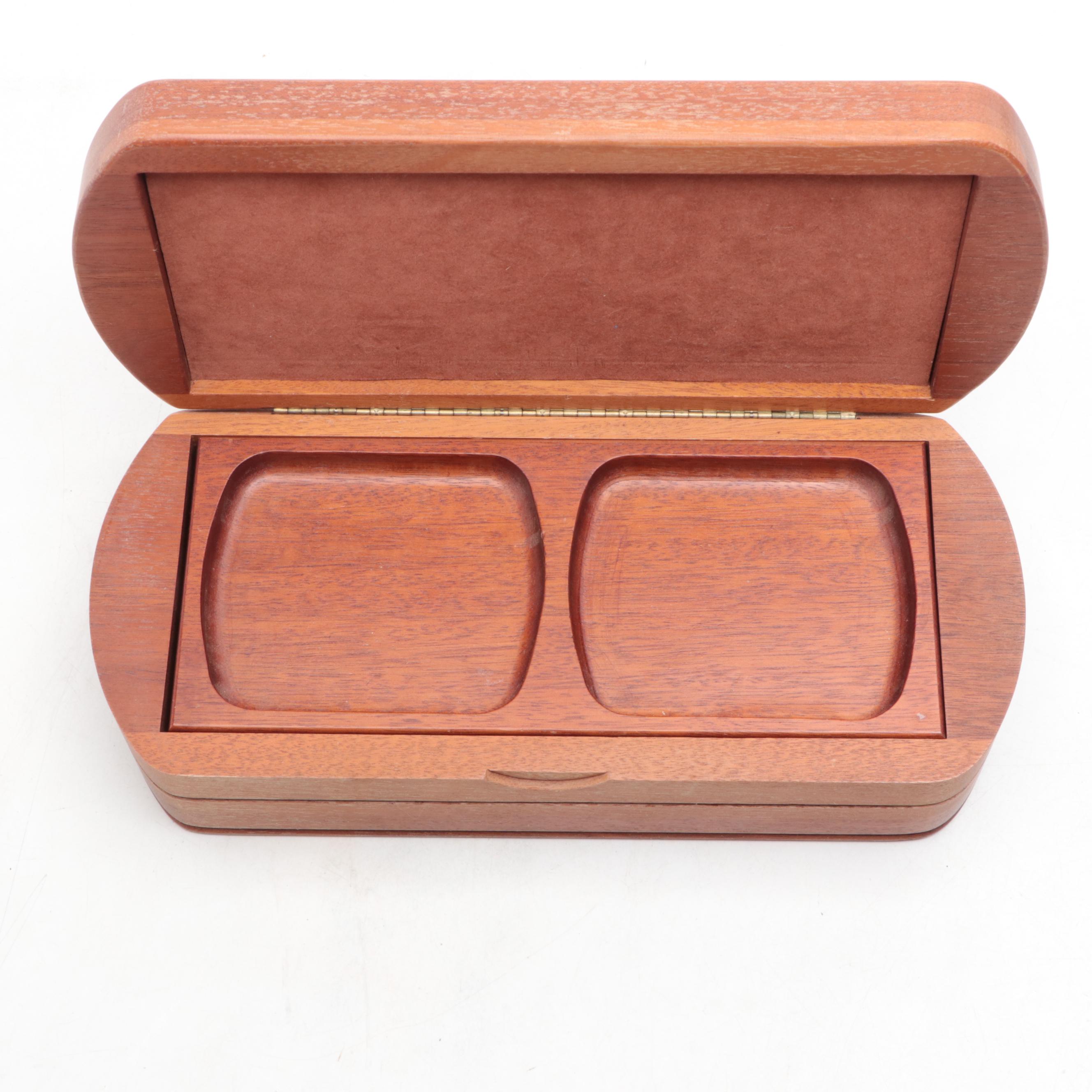 Carved Mahogany Dresser Box with Iron Candle Holder and Hunt Themed Lamp