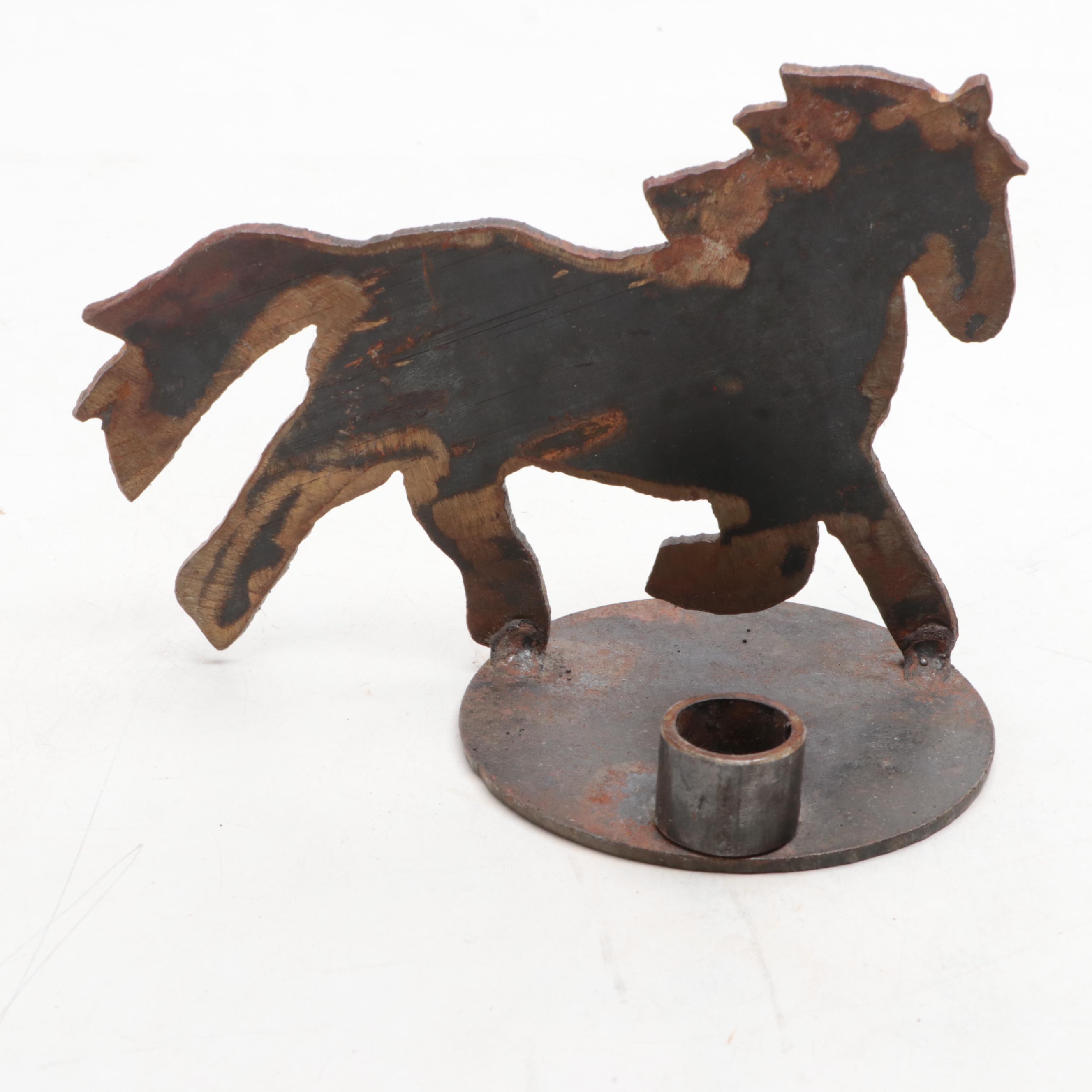 Carved Mahogany Dresser Box with Iron Candle Holder and Hunt Themed Lamp