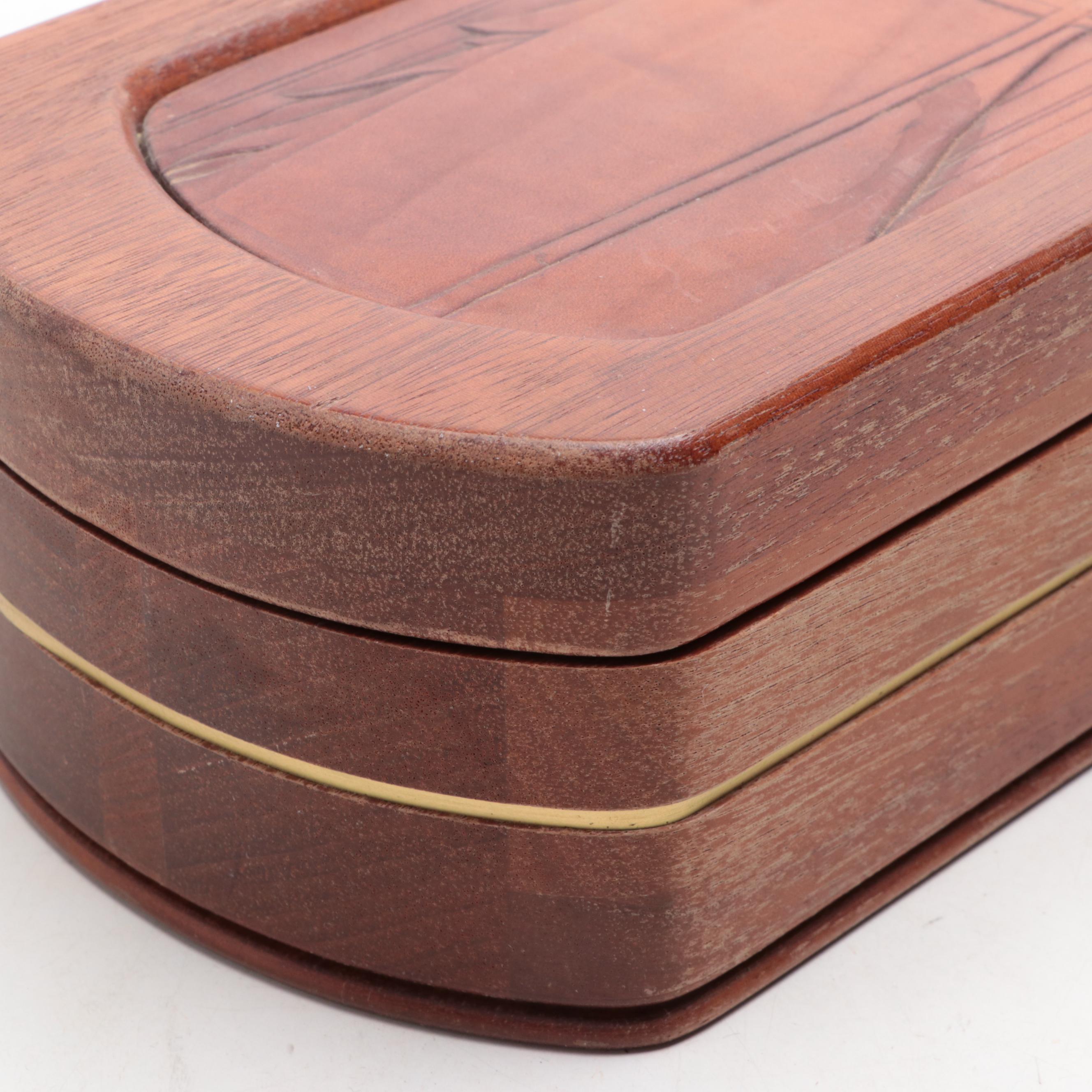 Carved Mahogany Dresser Box with Iron Candle Holder and Hunt Themed Lamp