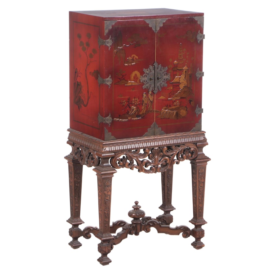 Chinoiserie Red Lacquerware Cabinet on Stand, Mid-20th Century
