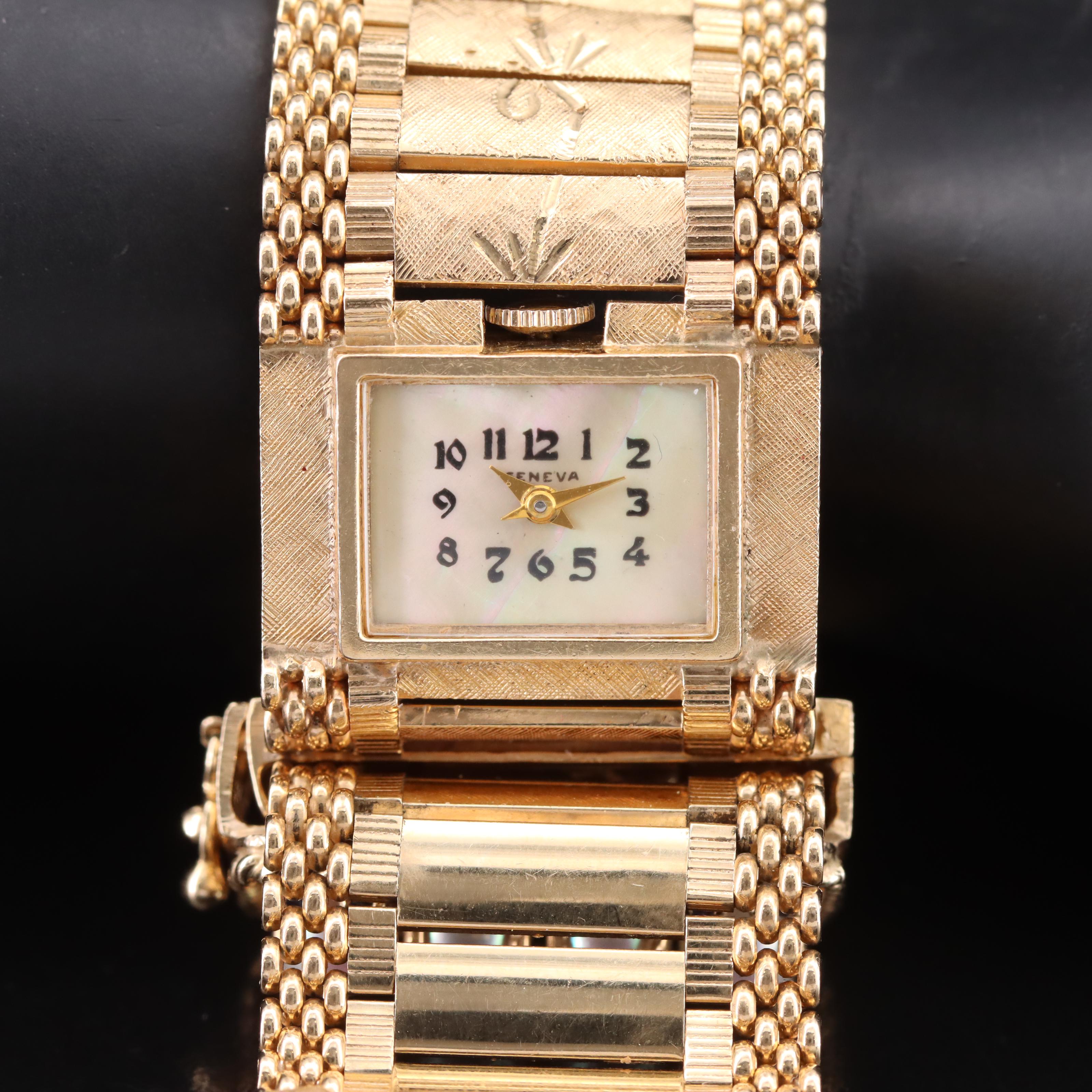 Vintage 14K Pearl and Sapphire Jarretière Bracelet and Geneve Watch