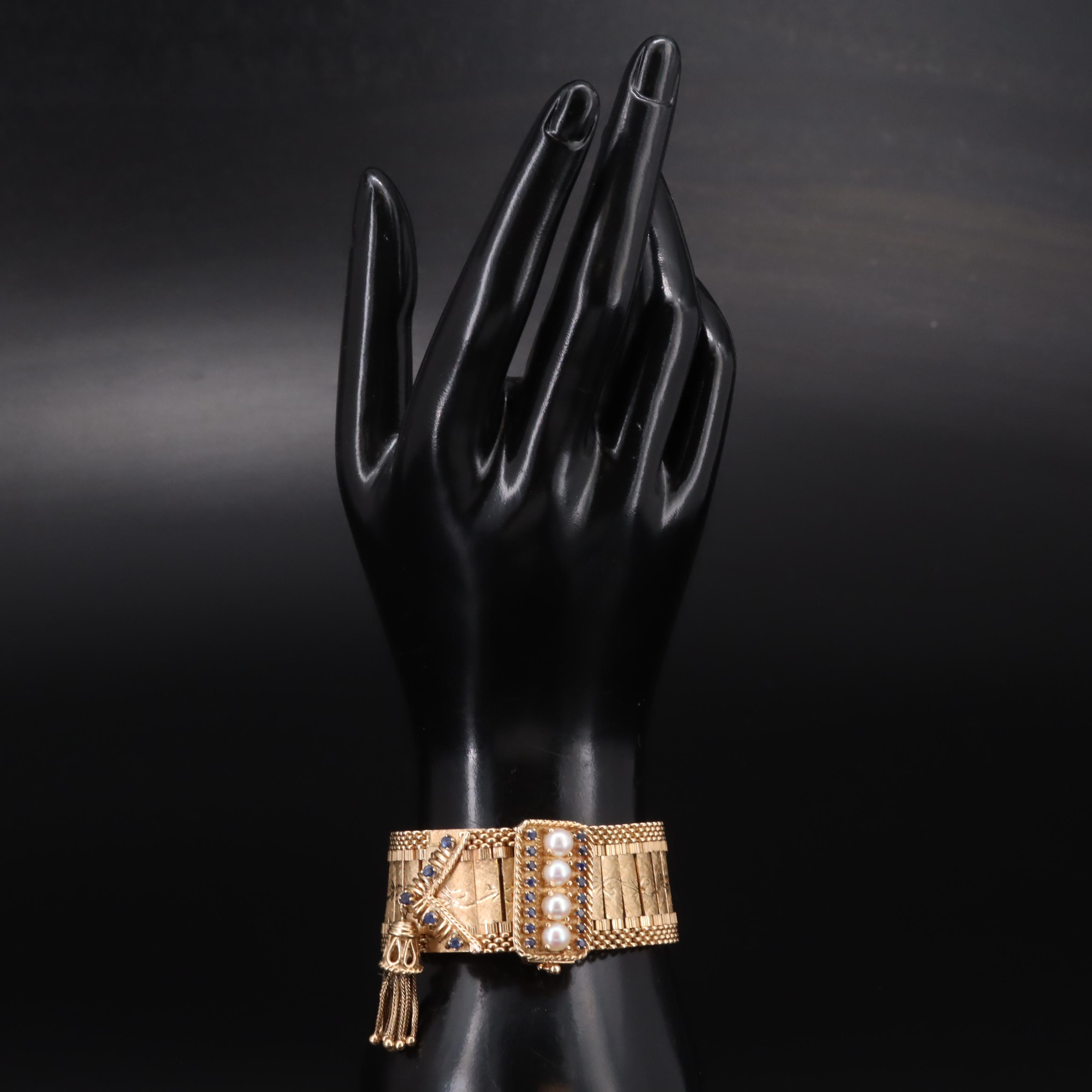 Vintage 14K Pearl and Sapphire Jarretière Bracelet and Geneve Watch