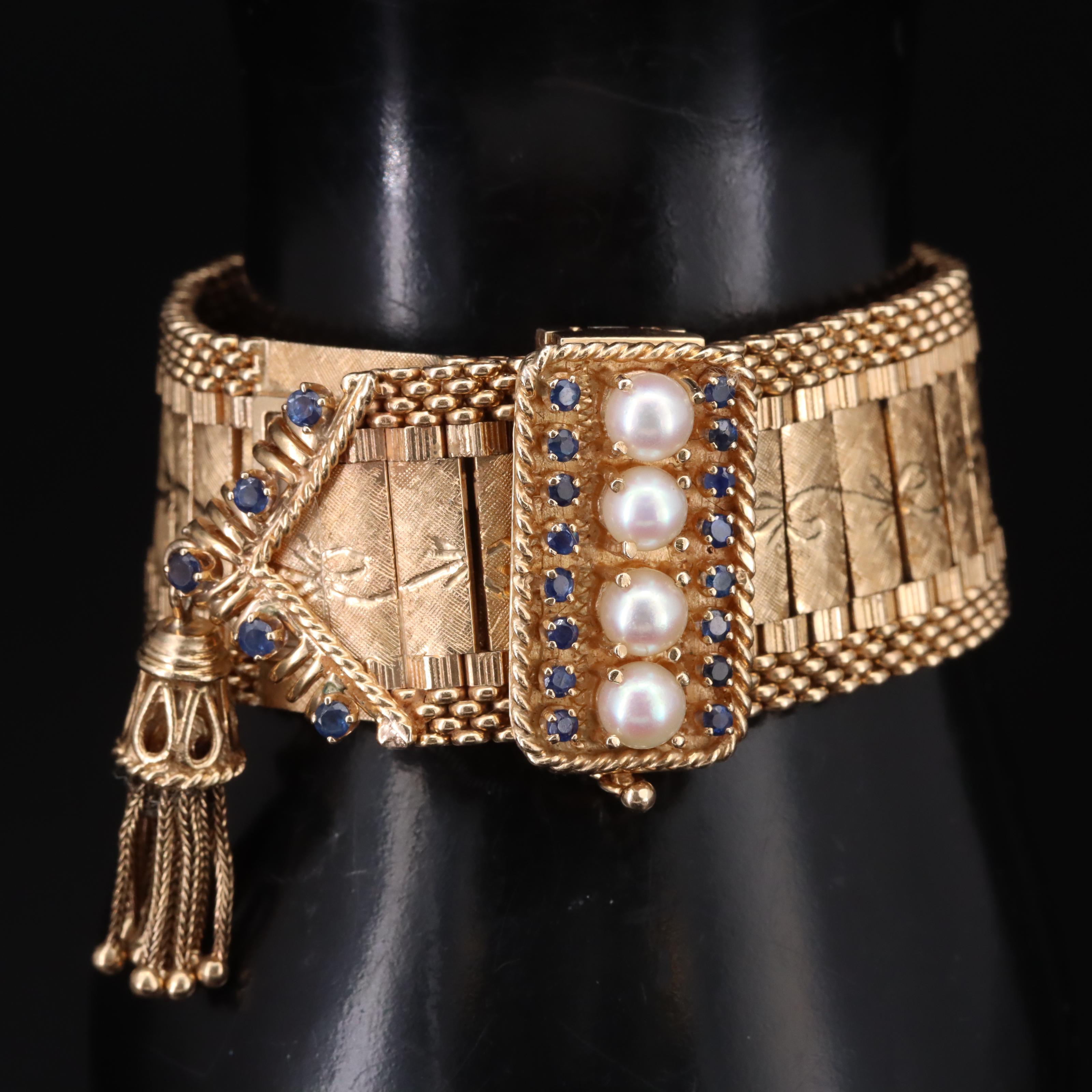 Vintage 14K Pearl and Sapphire Jarretière Bracelet and Geneve Watch